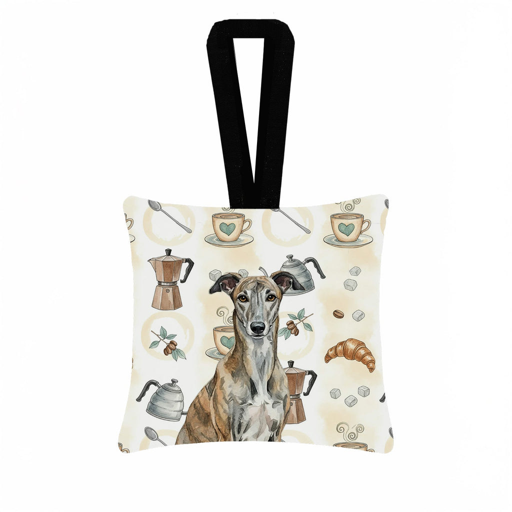 Brindle Greyhound Coffee Bar Hanging Square Fabric Ornament 3.5 � 3.5 Decorative Door-Knob & Tree Hanger, Soft Fabric