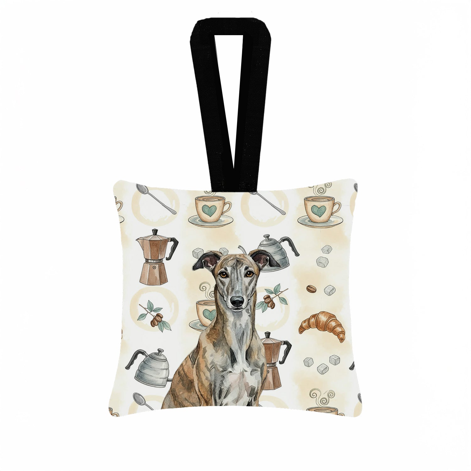 Brindle Greyhound Coffee Bar Hanging Square Fabric Ornament 3.5 � 3.5 Decorative Door-Knob & Tree Hanger, Soft Fabric
