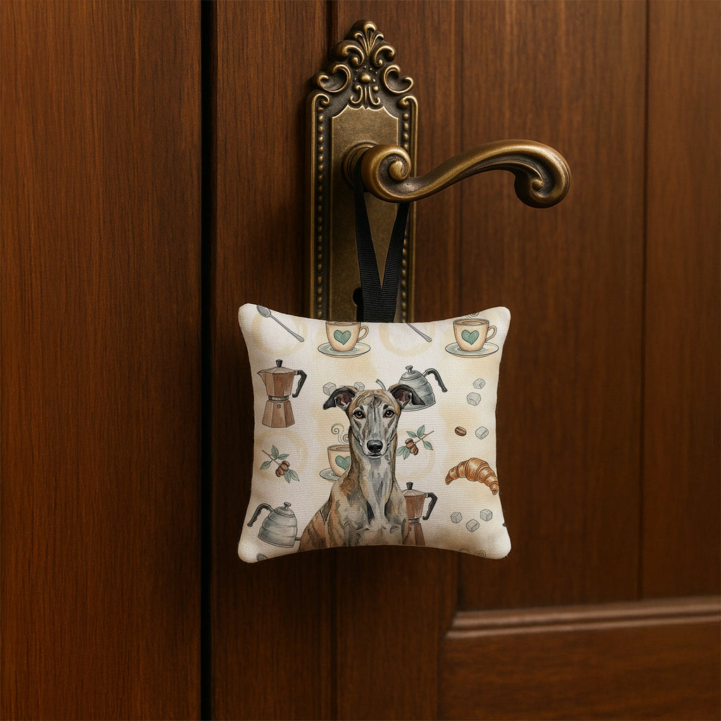 Brindle Greyhound Coffee Bar Hanging Square Fabric Ornament 3.5 � 3.5 Decorative Door-Knob & Tree Hanger, Soft Fabric