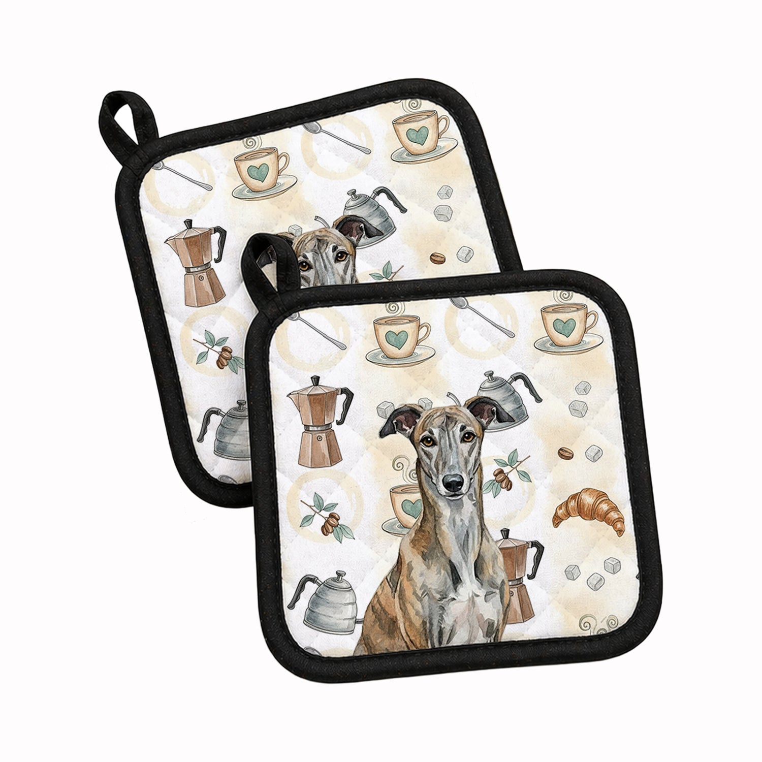 Brindle Greyhound Coffee Bar Pot Holder Set of 2 Heat Resistant Quilted Hot Pads 7.5 x 7.5 Inch, Insulated Kitchen Trivets for Cooking & Baking