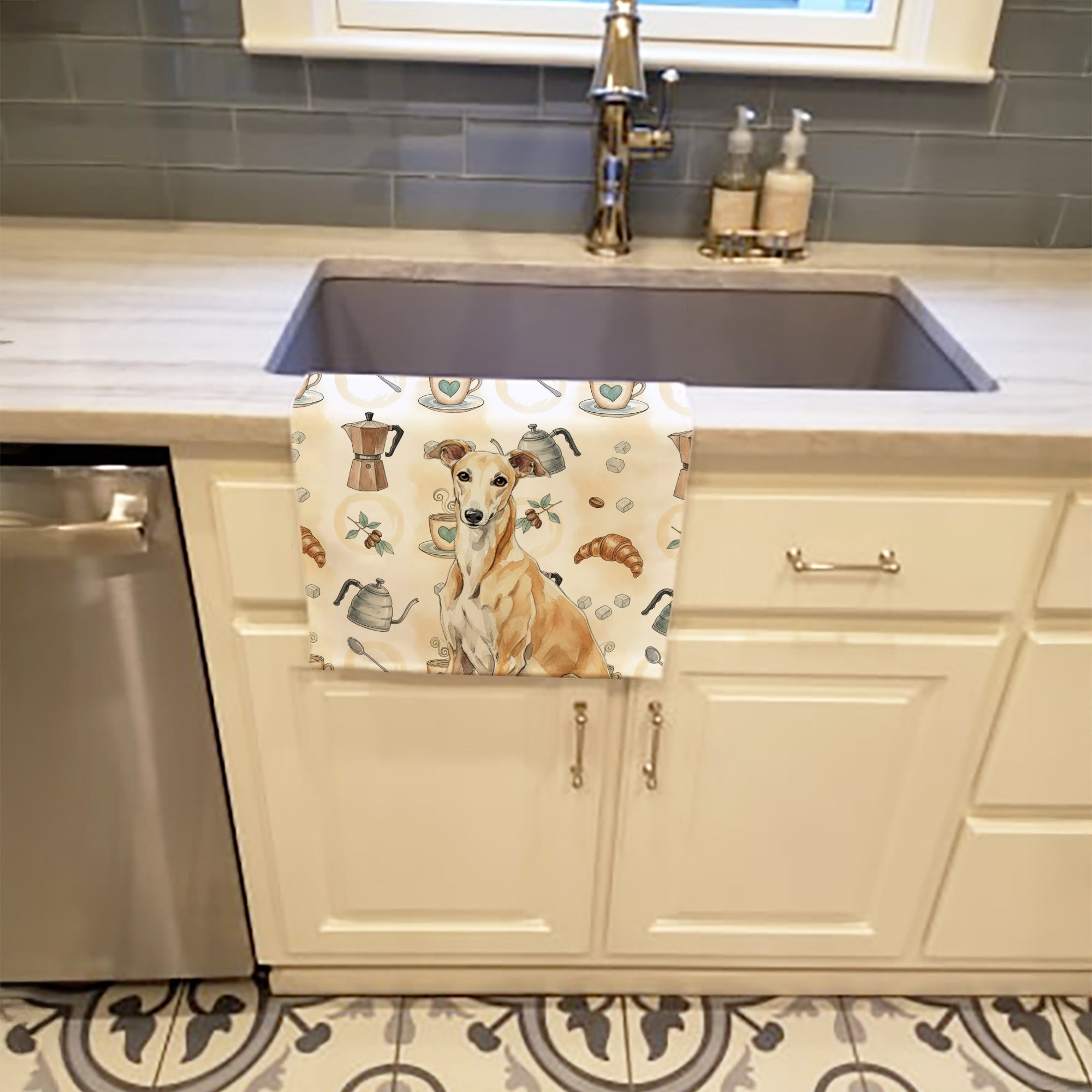 Fawn Greyhound Coffee Bar Kitchen Towel Velour Plush Front and Cotton Loop Back Machine Washable