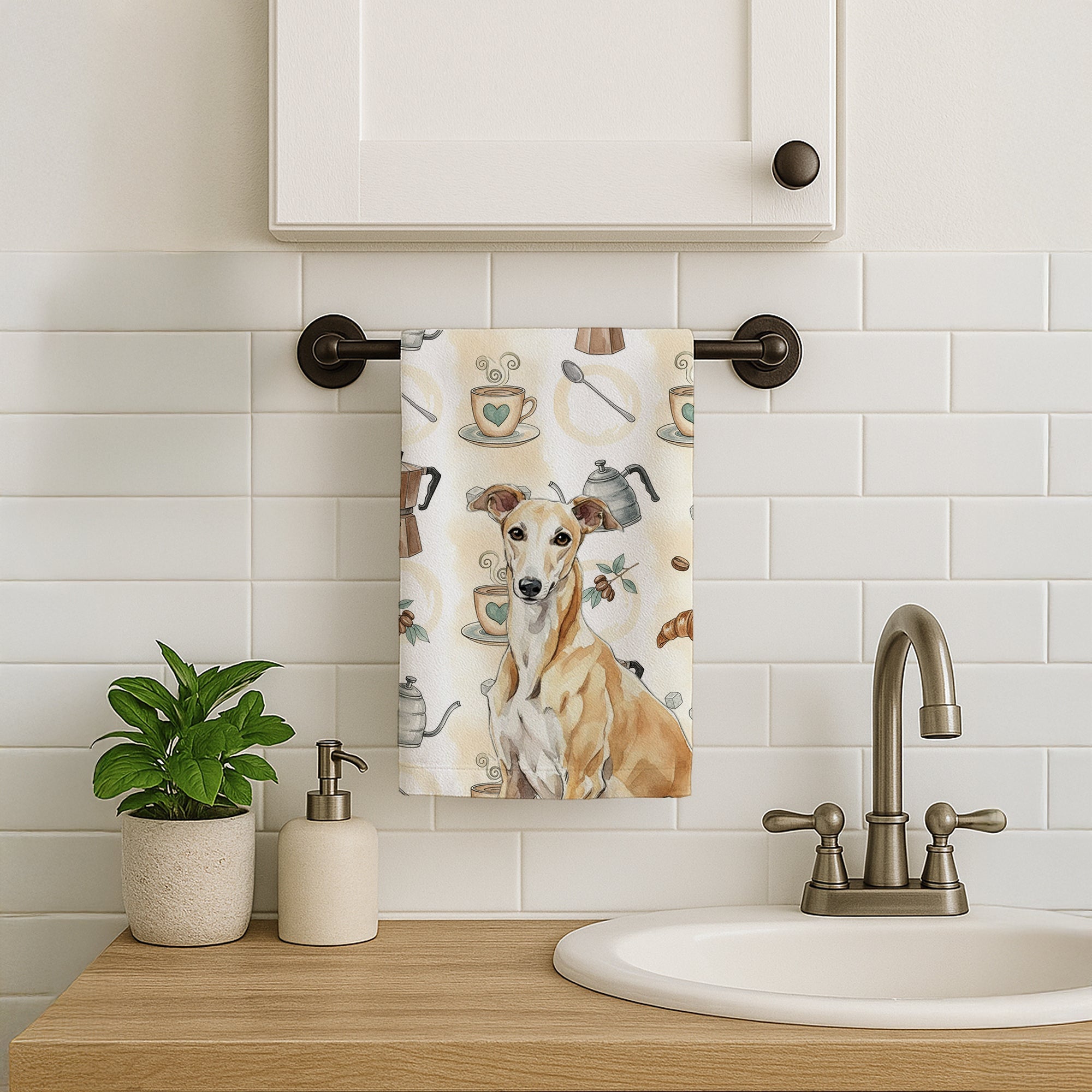 Fawn Greyhound Coffee Bar Kitchen Towel Velour Plush Front and Cotton Loop Back Machine Washable