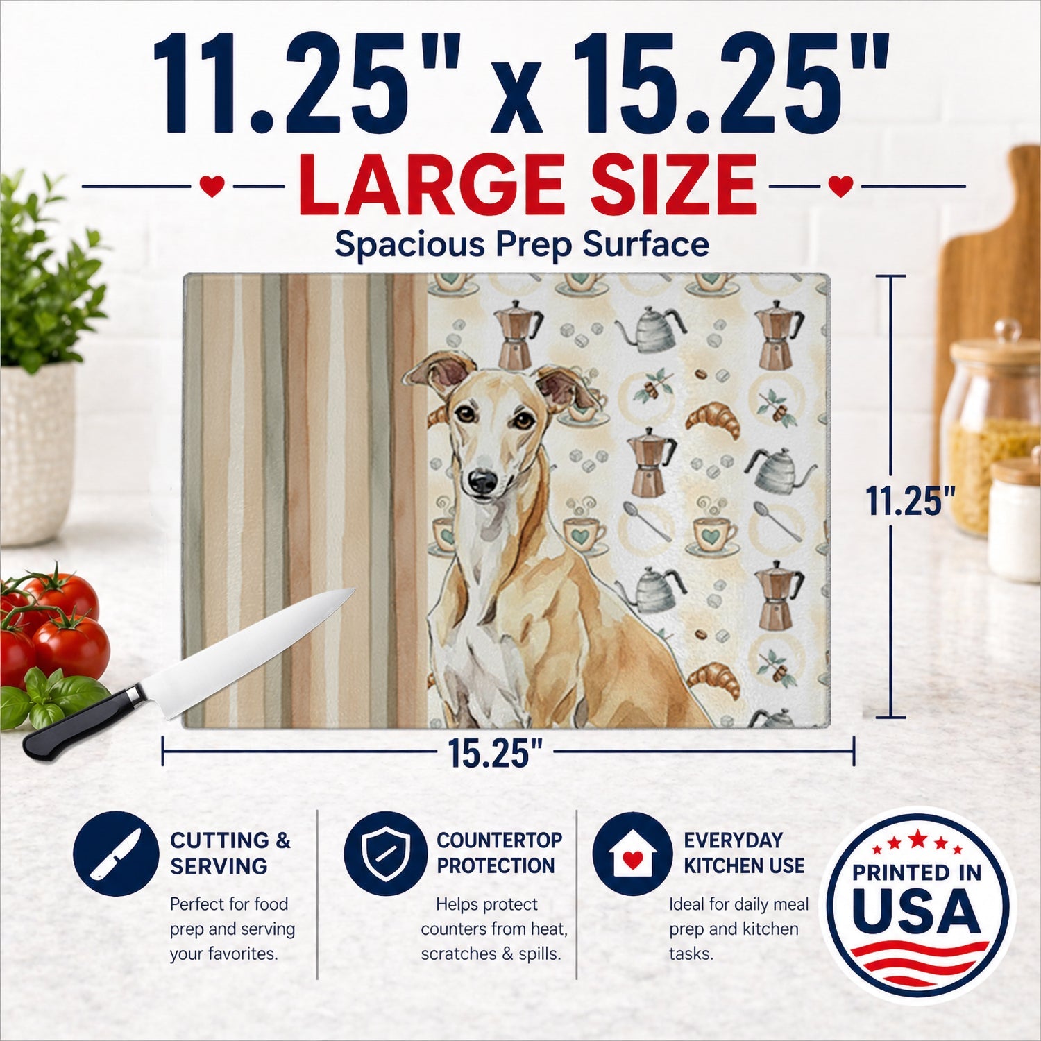 Fawn Greyhound Coffee Bar Cutting Board Tempered Glass Kitchen Cutting Surface, Heat Resistant Chopping, Non-Slip Feet, Food Prep & Serving