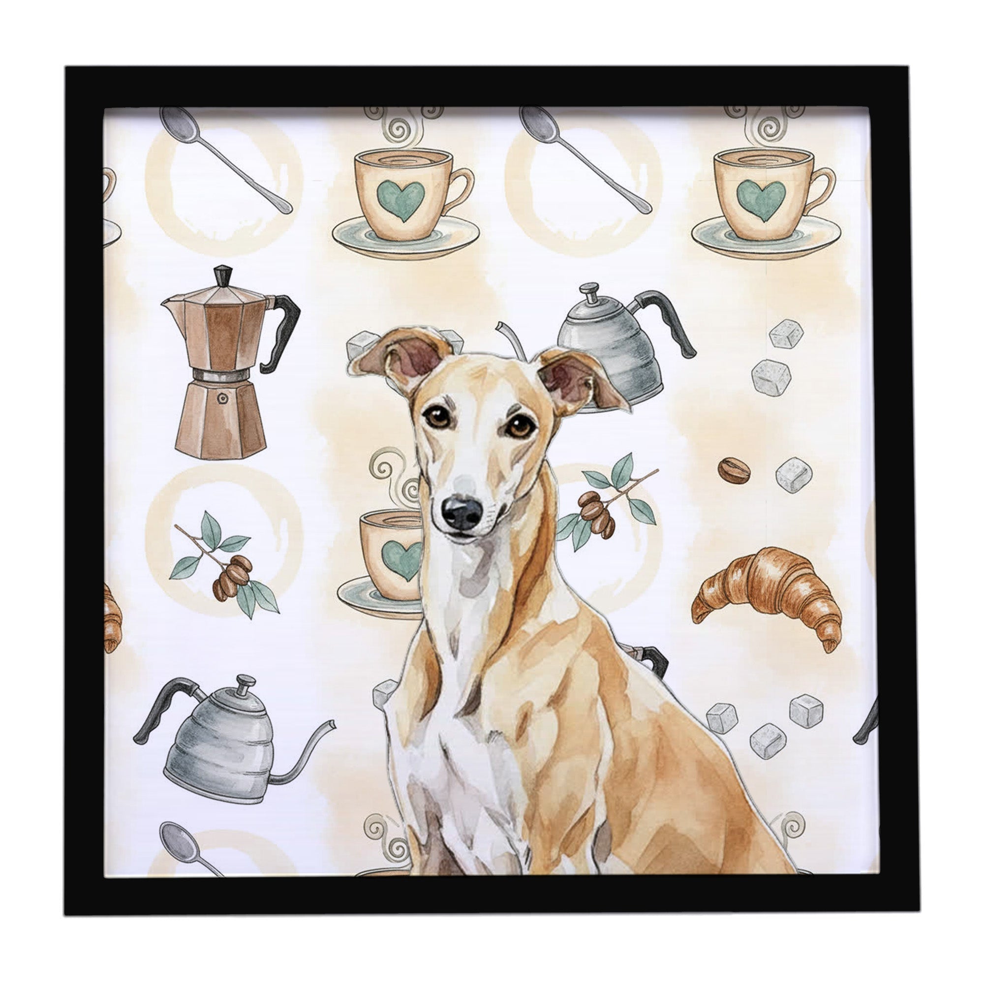 Fawn Greyhound Coffee Bar Framed Metal Print Bathroom, Kitchen, Office, Home Decor Wall Art Ready to Hang, Square, 8X8