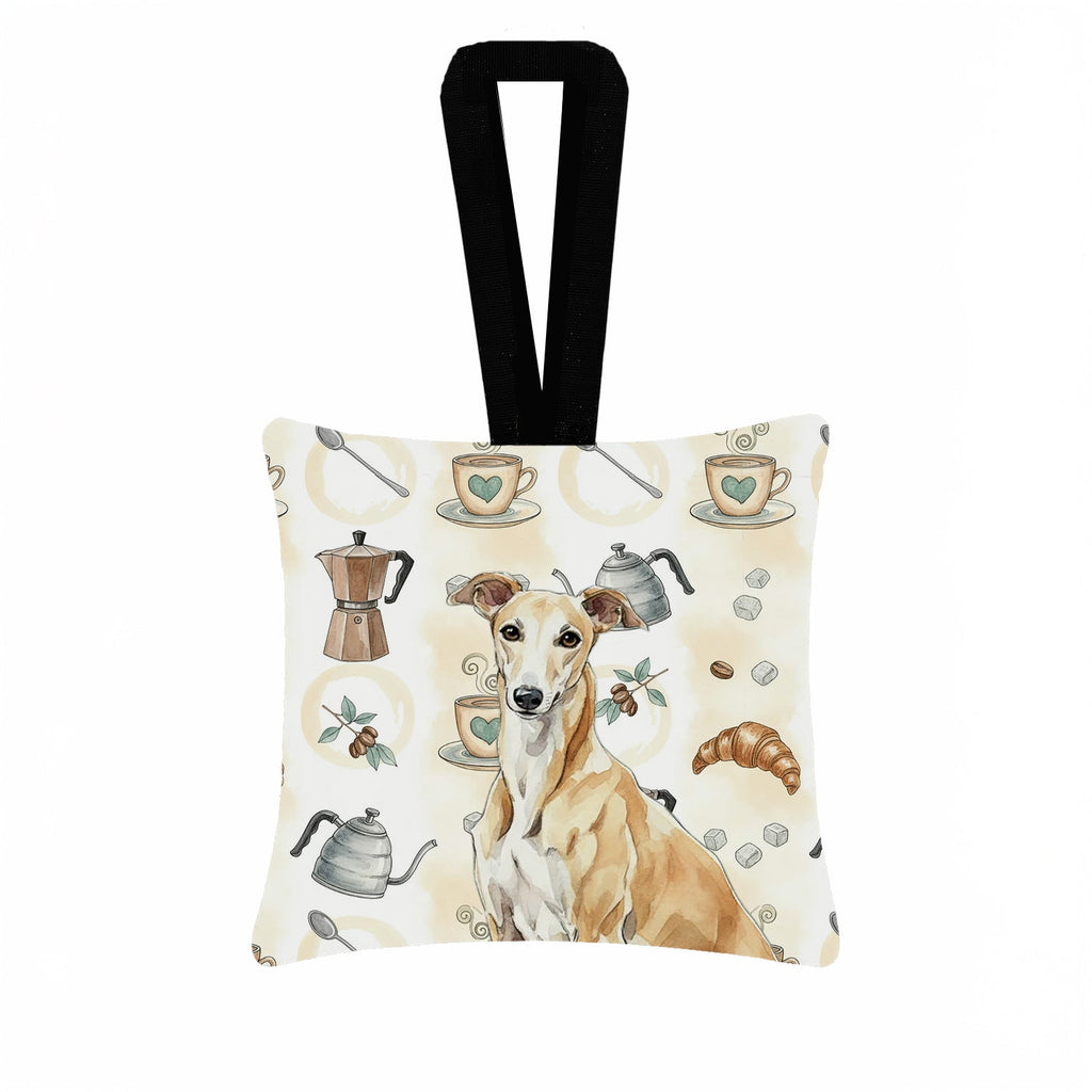 Fawn Greyhound Coffee Bar Hanging Square Fabric Ornament 3.5 � 3.5 Decorative Door-Knob & Tree Hanger, Soft Fabric