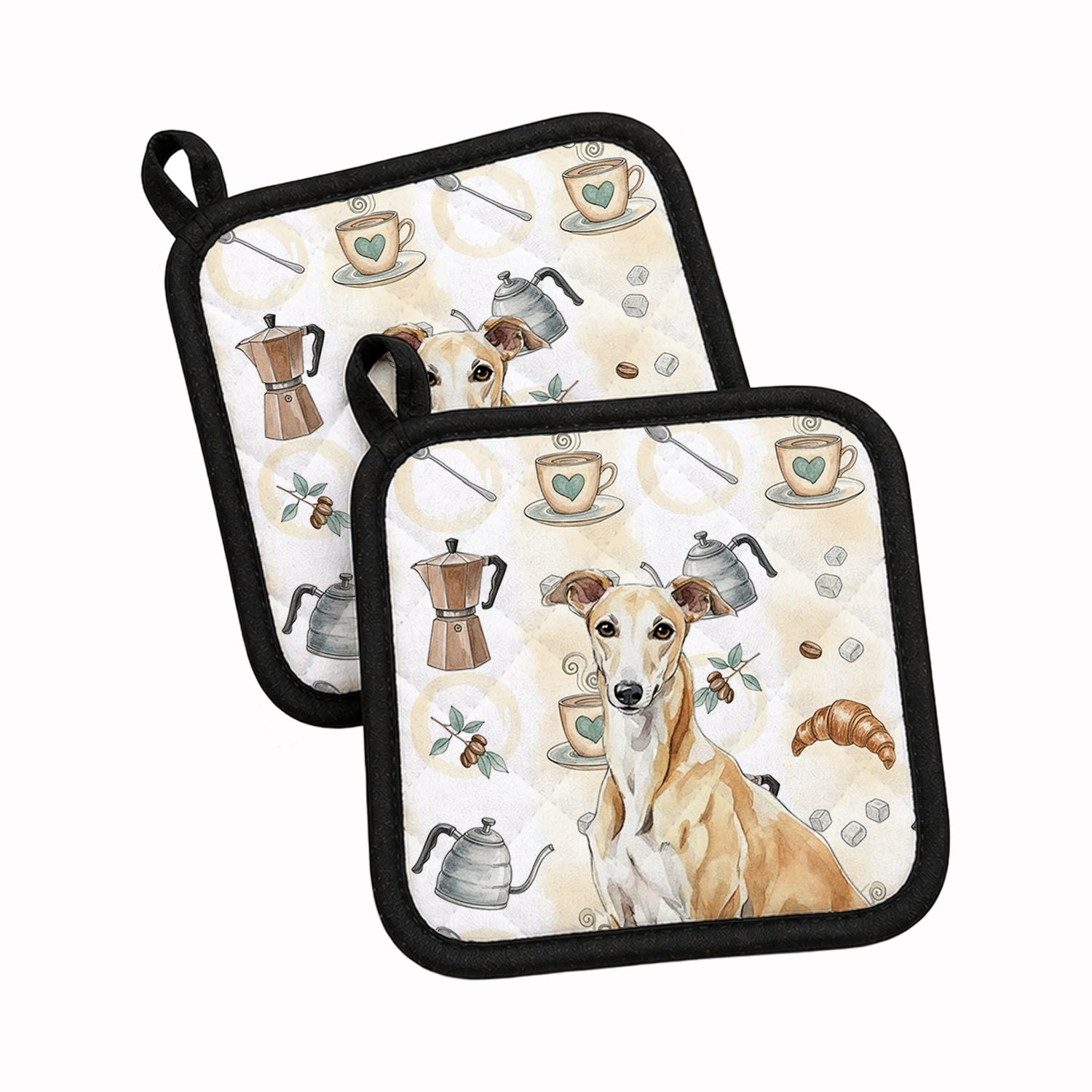 Fawn Greyhound Coffee Bar Pot Holder Set of 2 Heat Resistant Quilted Hot Pads 7.5 x 7.5 Inch, Insulated Kitchen Trivets for Cooking & Baking