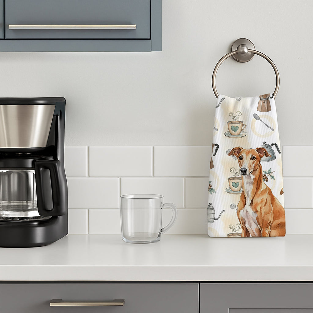 Red Greyhound Coffee Bar Kitchen Towel Velour Plush Front and Cotton Loop Back Machine Washable