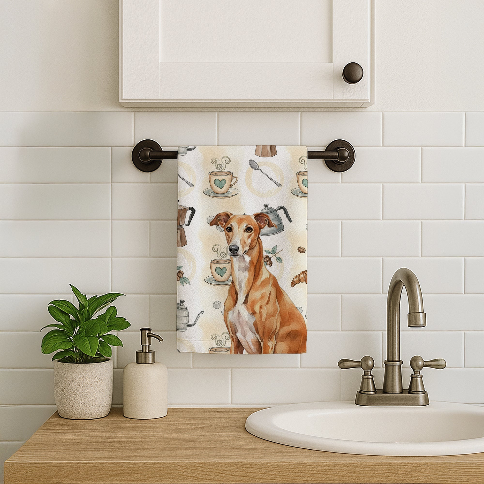 Red Greyhound Coffee Bar Kitchen Towel Velour Plush Front and Cotton Loop Back Machine Washable