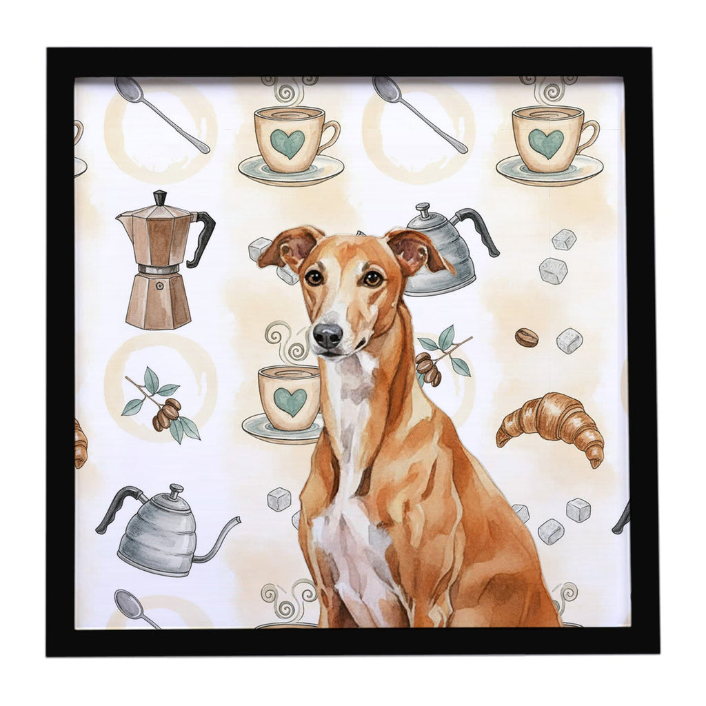 Red Greyhound Coffee Bar Framed Metal Print Bathroom, Kitchen, Office, Home Decor Wall Art Ready to Hang, Square, 8X8