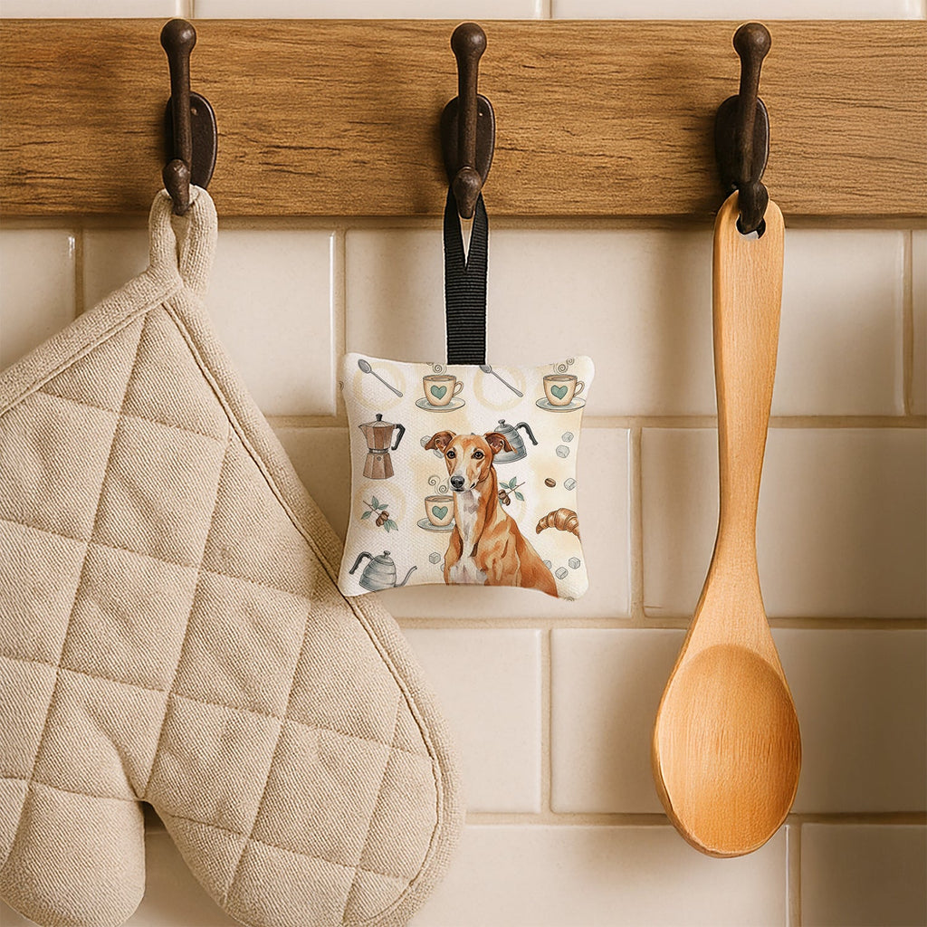 Red Greyhound Coffee Bar Hanging Square Fabric Ornament 3.5 � 3.5 Decorative Door-Knob & Tree Hanger, Soft Fabric
