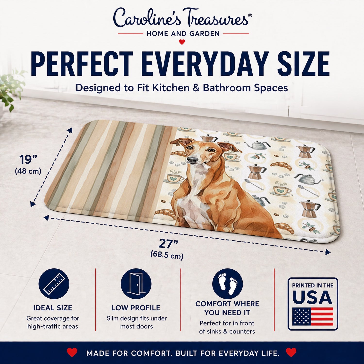 Red Greyhound Coffee Bar Memory Foam Kitchen Mat Machine Washable Anti-Fatigue Cushion Comfort Bath or Kitchen Rug