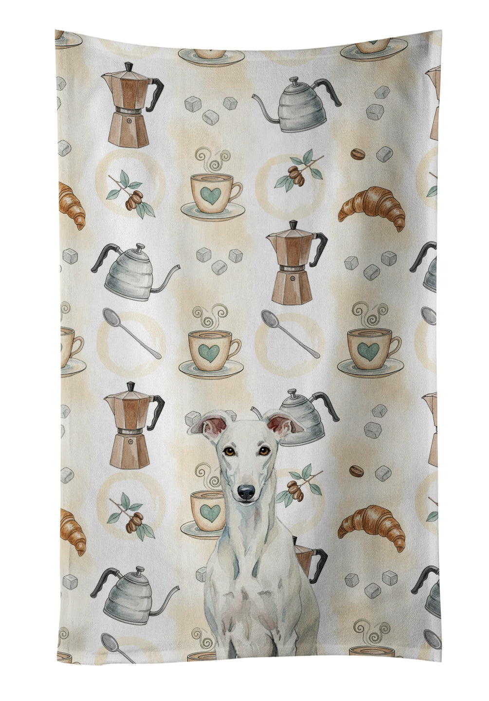 White Greyhound Coffee Bar Kitchen Towel Velour Plush Front and Cotton Loop Back Machine Washable