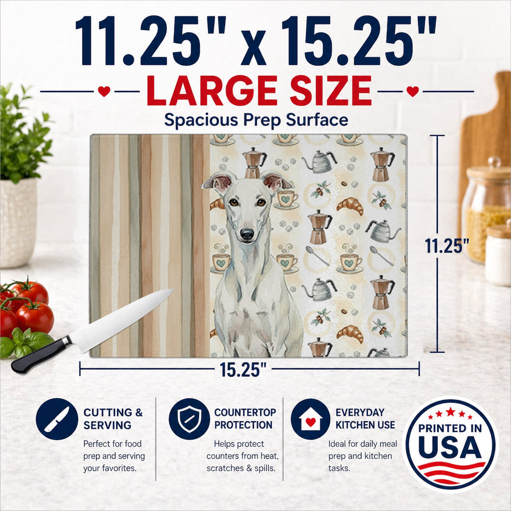 White Greyhound Coffee Bar Cutting Board Tempered Glass Kitchen Cutting Surface, Heat Resistant Chopping, Non-Slip Feet, Food Prep & Serving