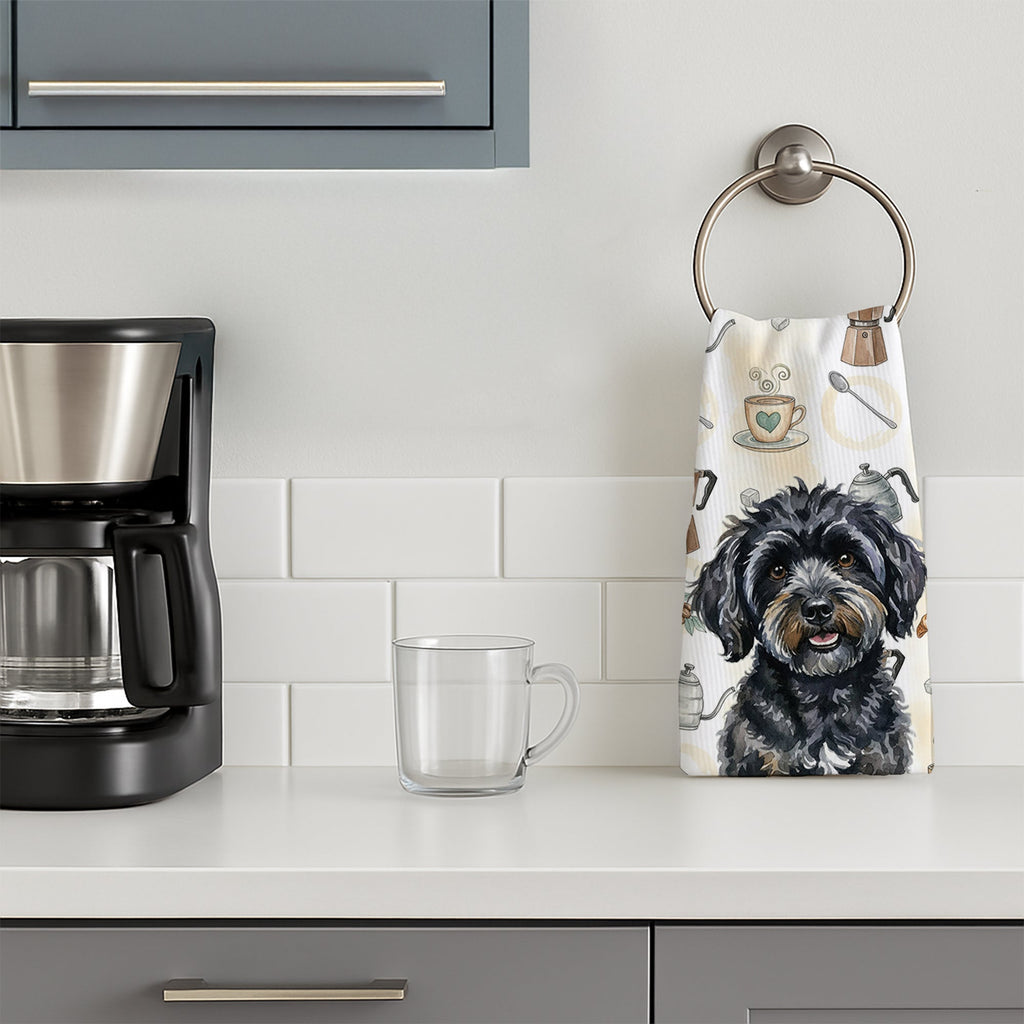 Black Havanese Coffee Bar Kitchen Towel Velour Plush Front and Cotton Loop Back Machine Washable