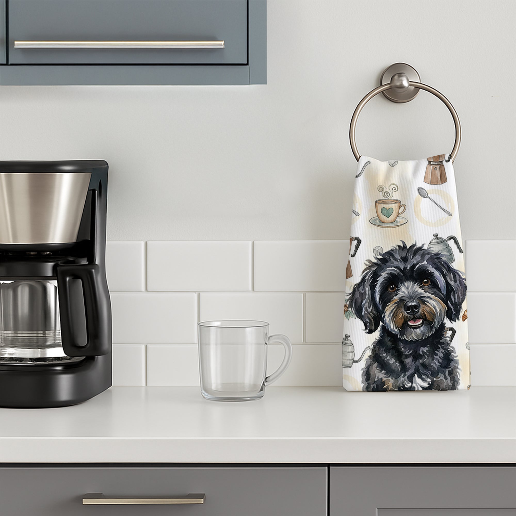 Black Havanese Coffee Bar Kitchen Towel Velour Plush Front and Cotton Loop Back Machine Washable