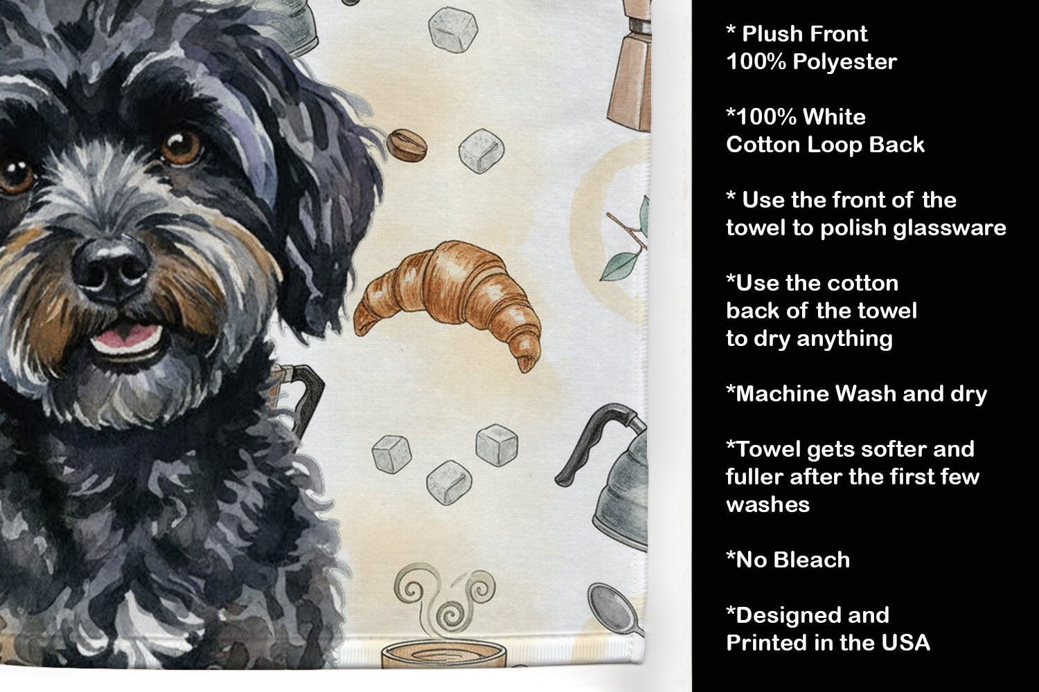 Black Havanese Coffee Bar Kitchen Towel Velour Plush Front and Cotton Loop Back Machine Washable