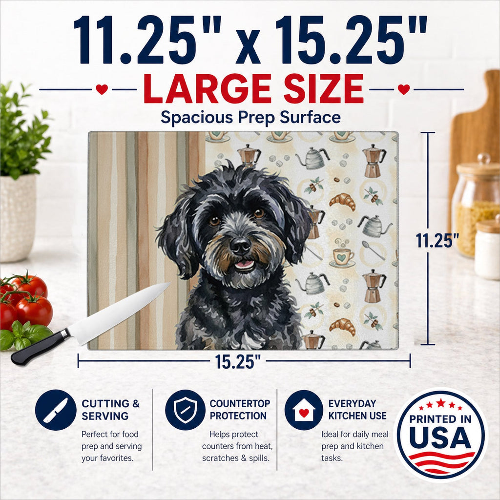 Black Havanese Coffee Bar Cutting Board Tempered Glass Kitchen Cutting Surface, Heat Resistant Chopping, Non-Slip Feet, Food Prep & Serving