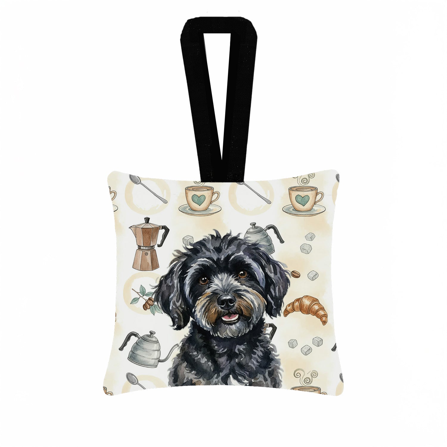 Black Havanese Coffee Bar Hanging Square Fabric Ornament 3.5 � 3.5 Decorative Door-Knob & Tree Hanger, Soft Fabric