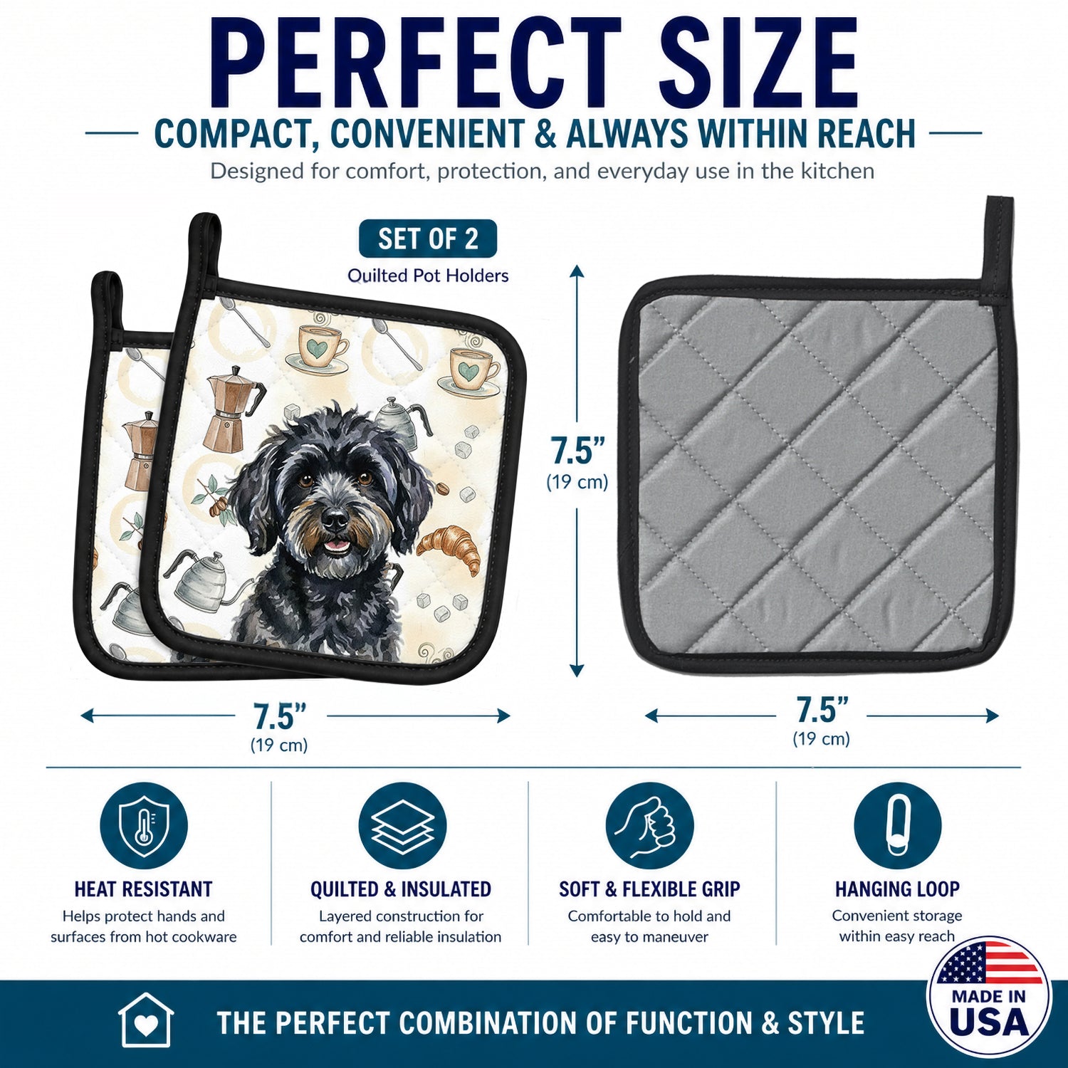Black Havanese Coffee Bar Pot Holder Set of 2 Heat Resistant Quilted Hot Pads 7.5 x 7.5 Inch, Insulated Kitchen Trivets for Cooking & Baking