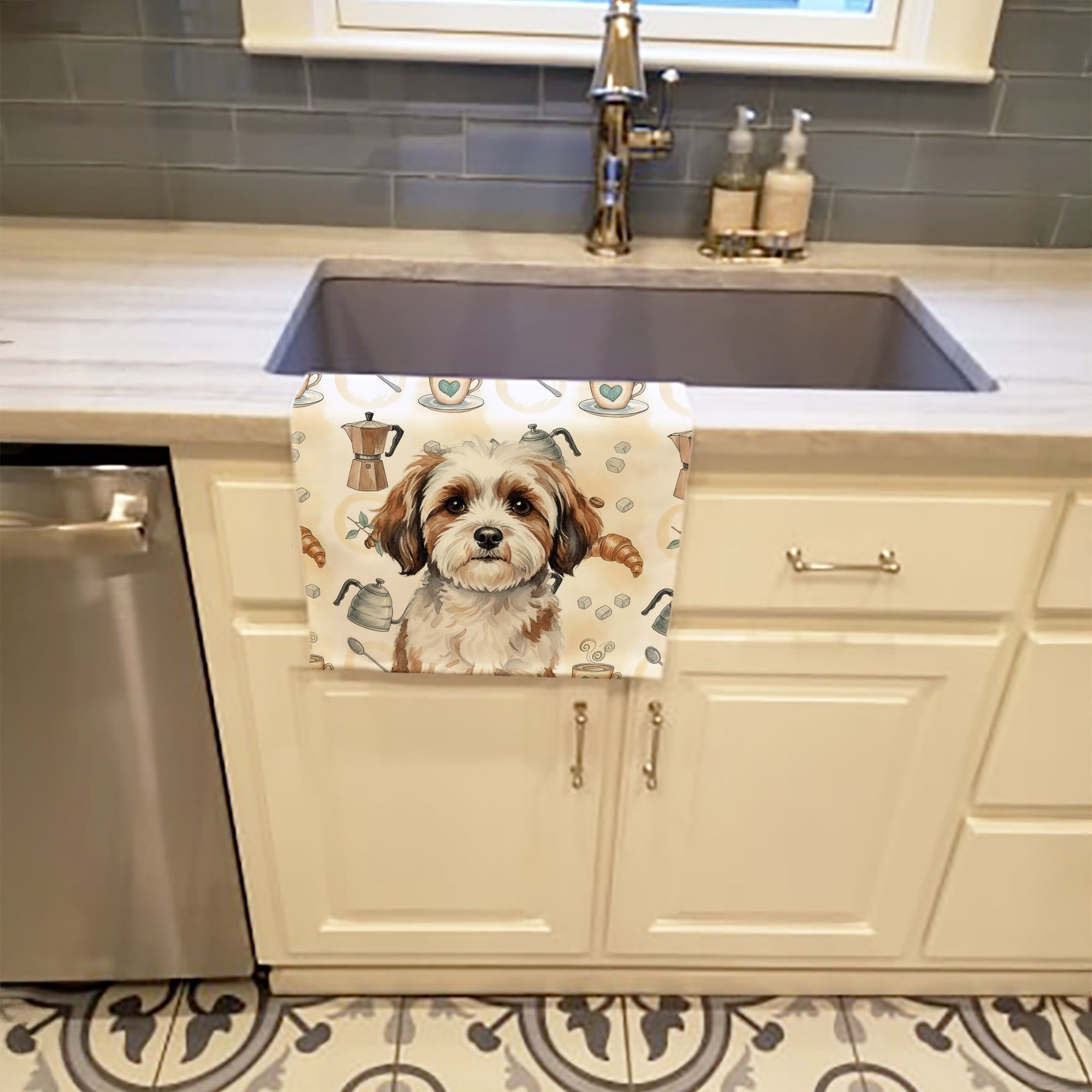 Parti-color Havanese Coffee Bar Kitchen Towel Velour Plush Front and Cotton Loop Back Machine Washable