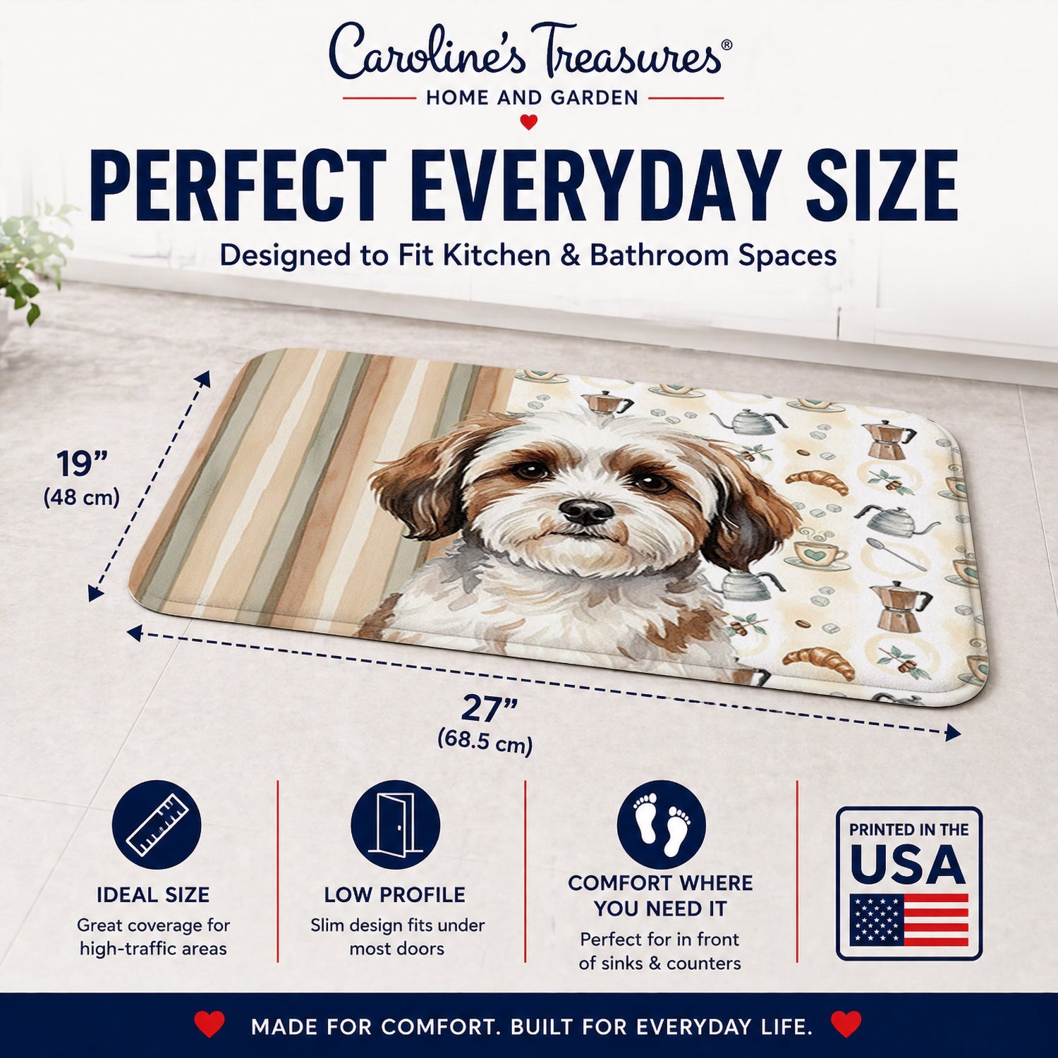Parti-color Havanese Coffee Bar Memory Foam Kitchen Mat Machine Washable Anti-Fatigue Cushion Comfort Bath or Kitchen Rug