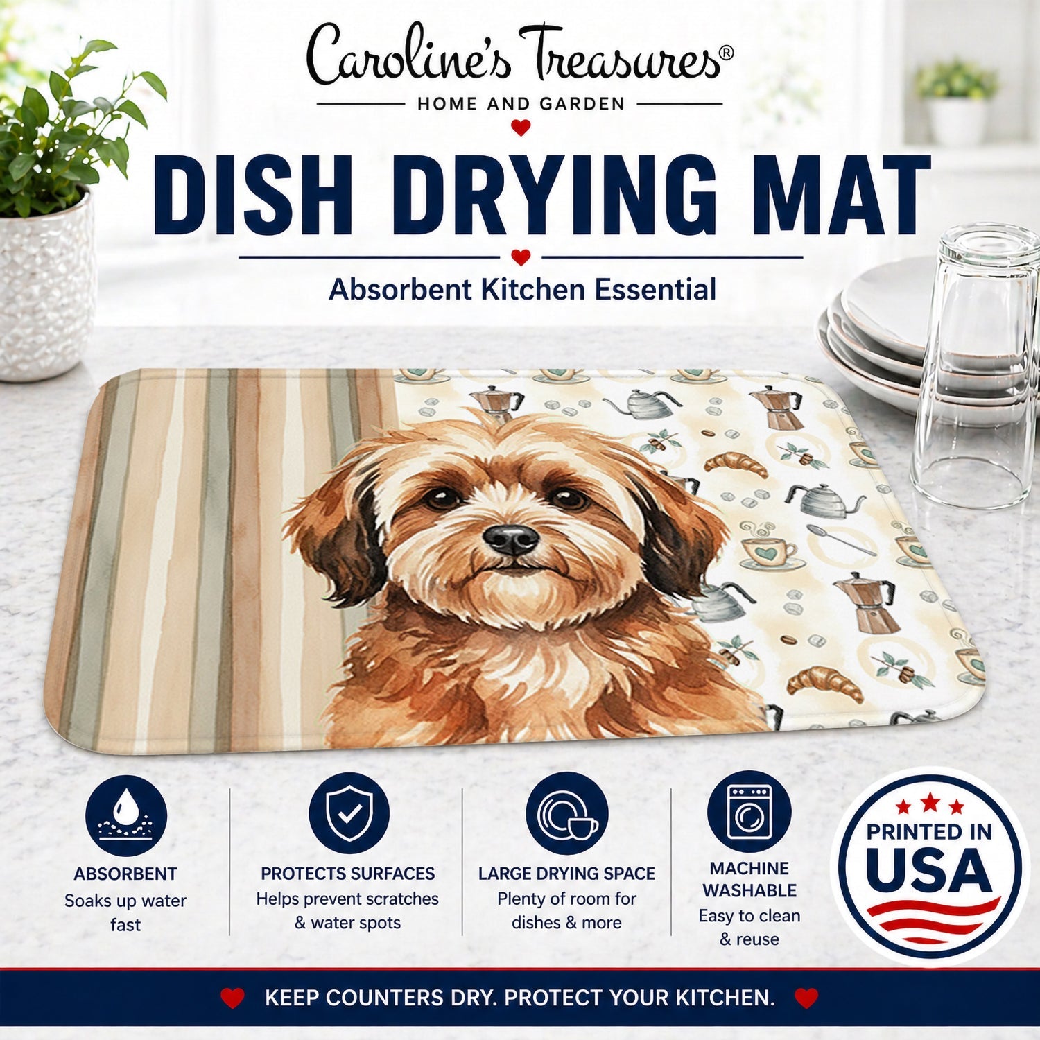 Sable Havanese Coffee Bar Dish Drying Mat Absorbent Dish Drying Mat Pad for Kitchen Counter Dish Drainer Mat for Countertop, 14 x 21", Multicolor