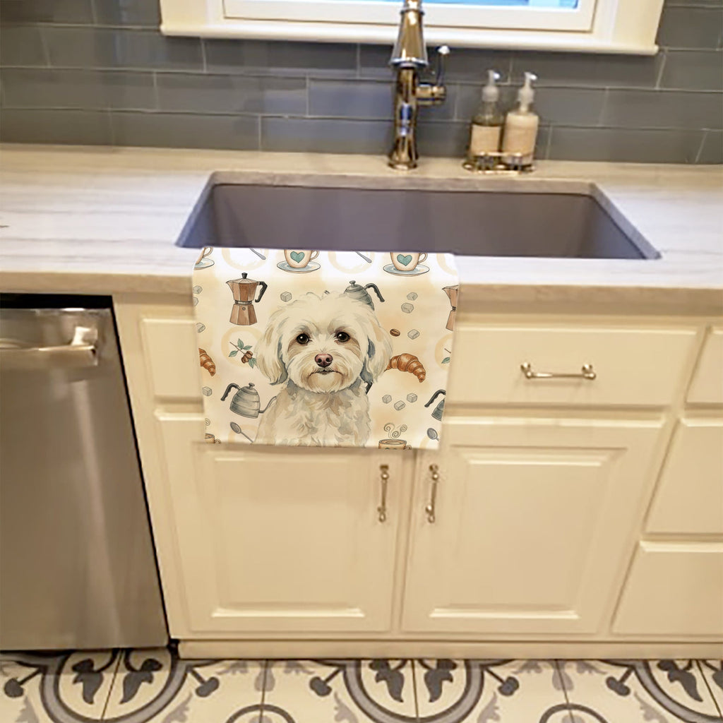 White Havanese Coffee Bar Kitchen Towel Velour Plush Front and Cotton Loop Back Machine Washable