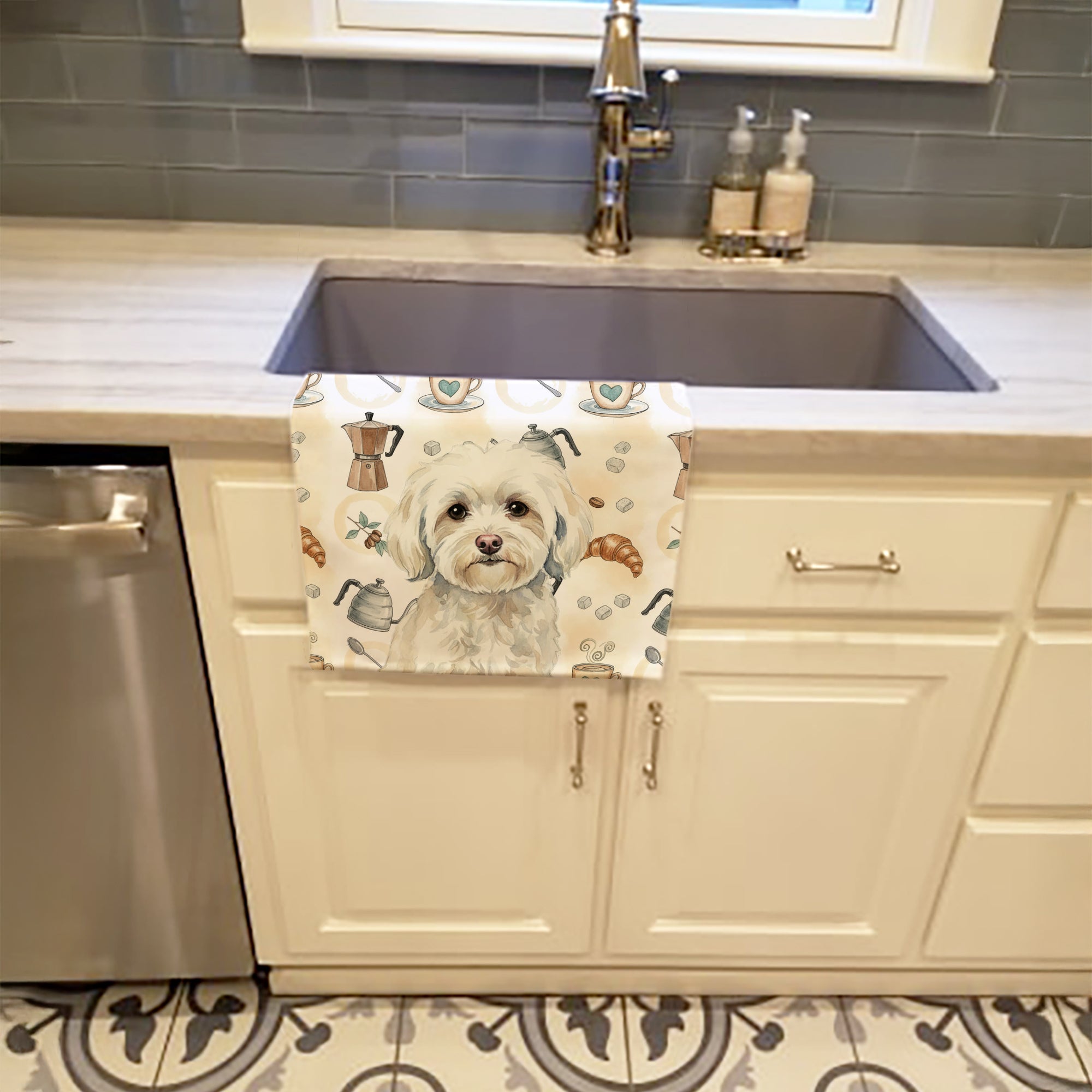White Havanese Coffee Bar Kitchen Towel Velour Plush Front and Cotton Loop Back Machine Washable
