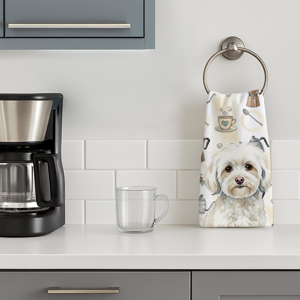White Havanese Coffee Bar Kitchen Towel Velour Plush Front and Cotton Loop Back Machine Washable