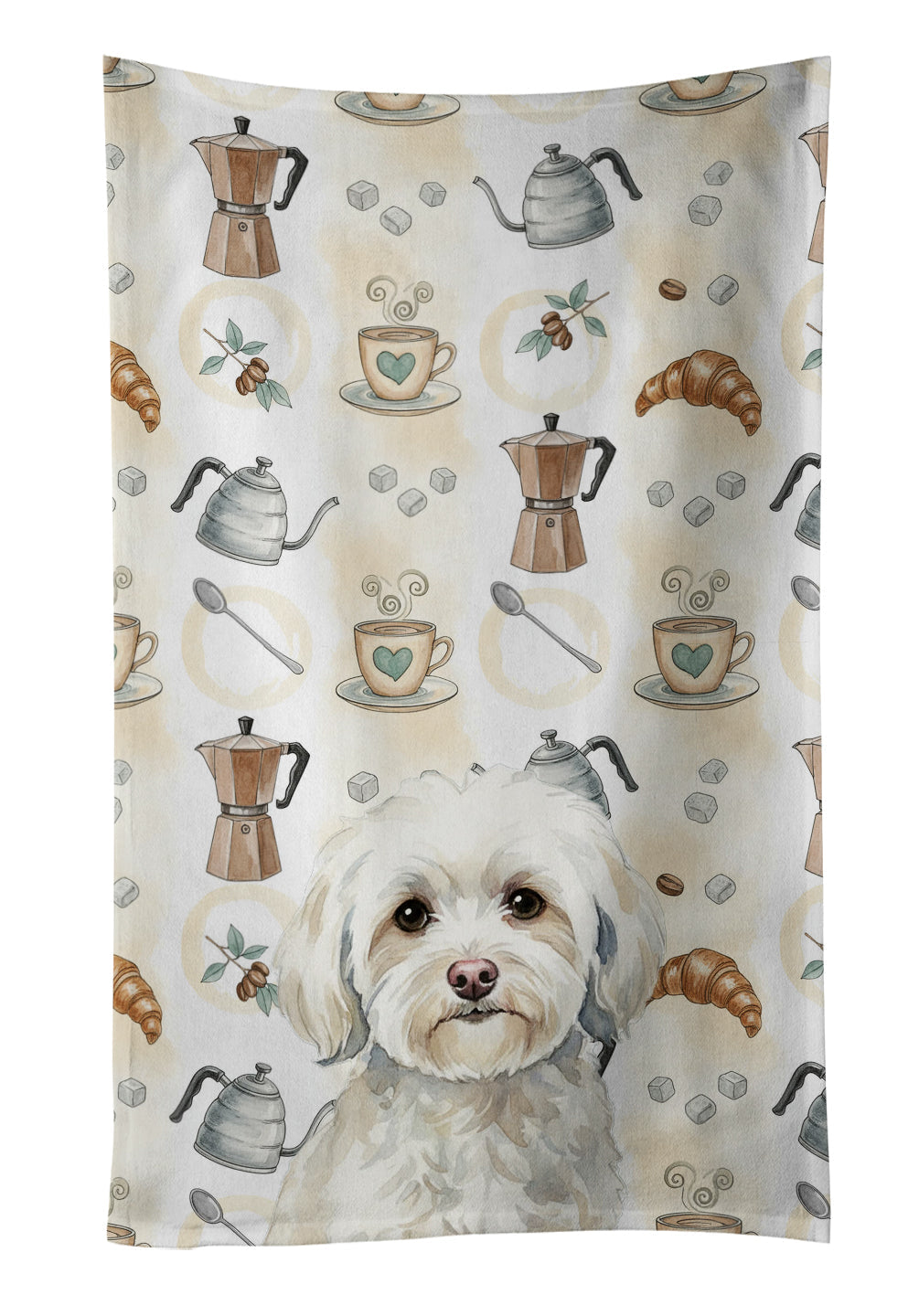White Havanese Coffee Bar Kitchen Towel Velour Plush Front and Cotton Loop Back Machine Washable