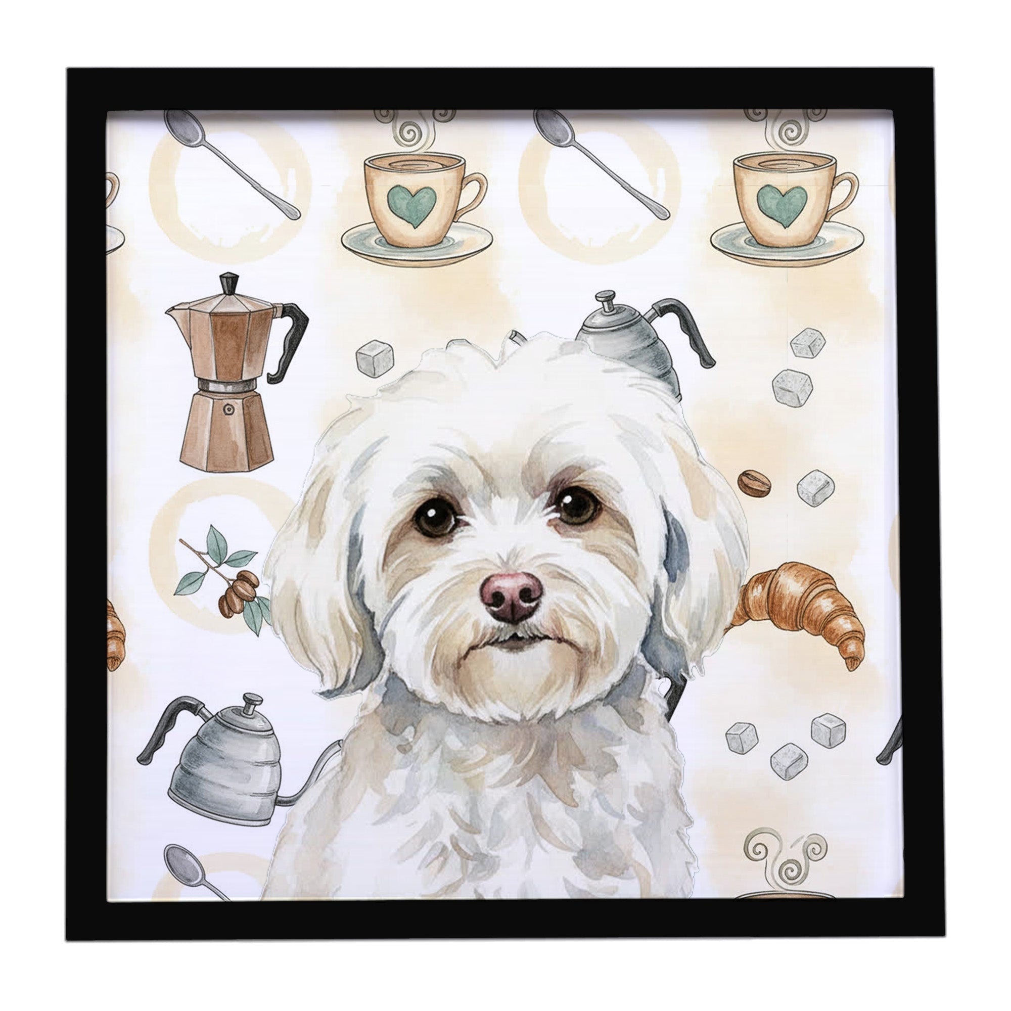 White Havanese Coffee Bar Framed Metal Print Bathroom, Kitchen, Office, Home Decor Wall Art Ready to Hang, Square, 8X8