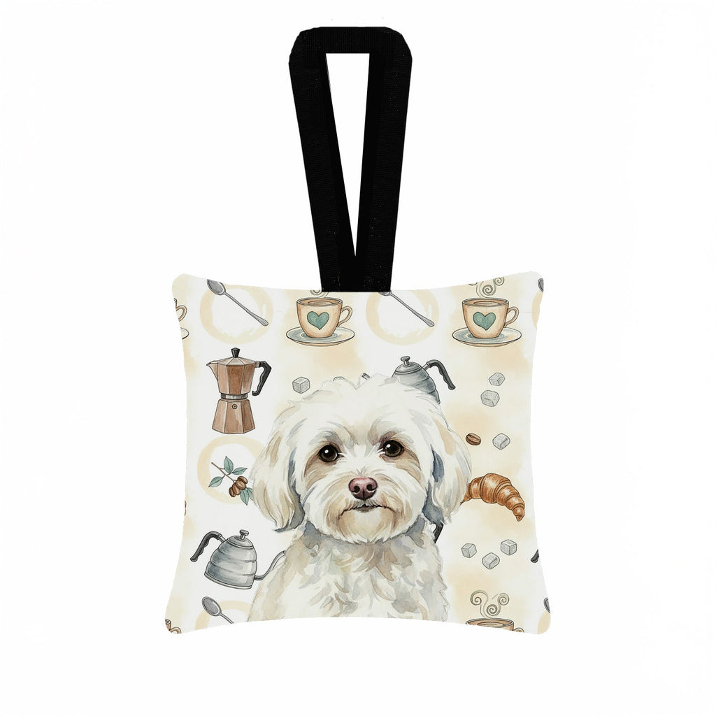White Havanese Coffee Bar Hanging Square Fabric Ornament 3.5 � 3.5 Decorative Door-Knob & Tree Hanger, Soft Fabric