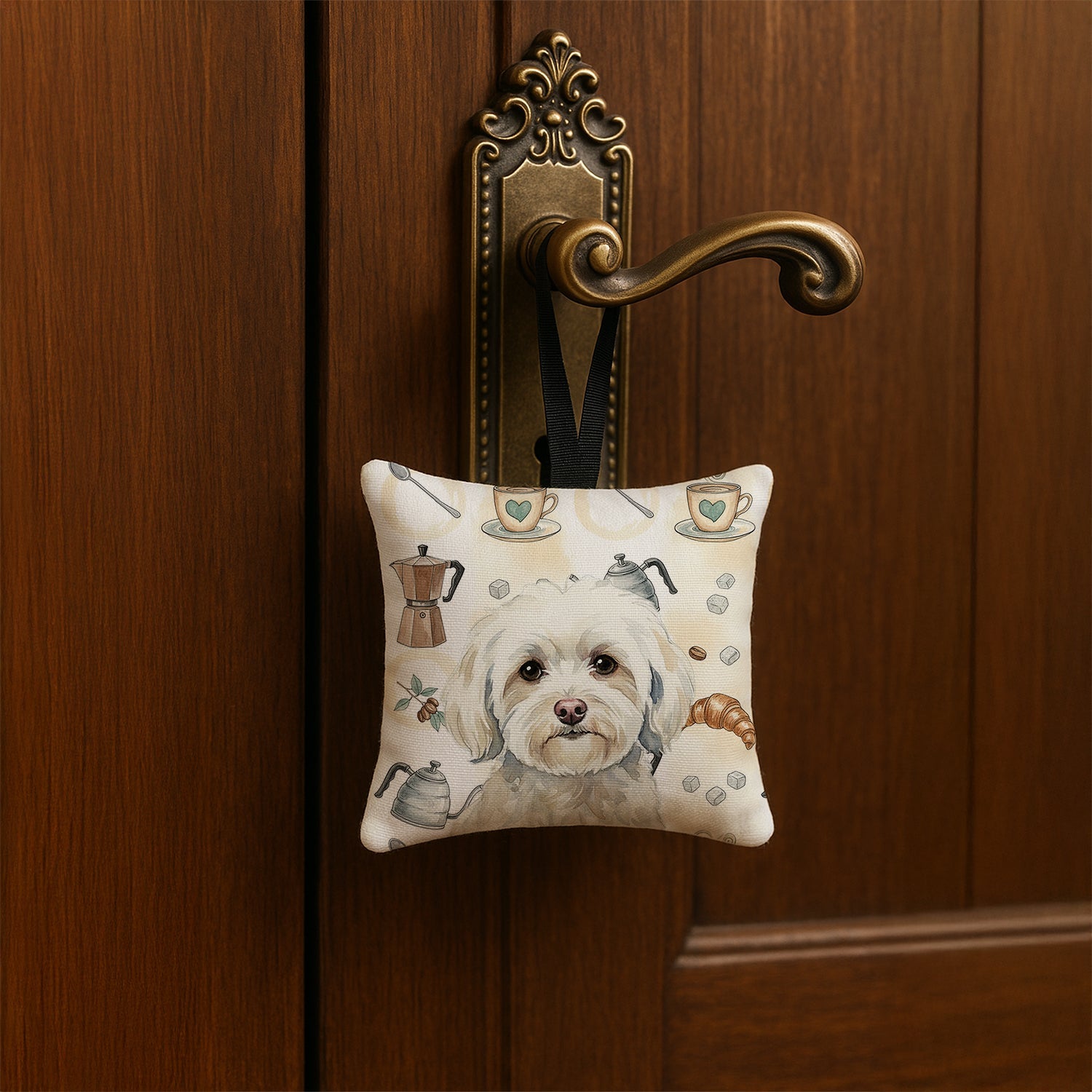 White Havanese Coffee Bar Hanging Square Fabric Ornament 3.5 � 3.5 Decorative Door-Knob & Tree Hanger, Soft Fabric
