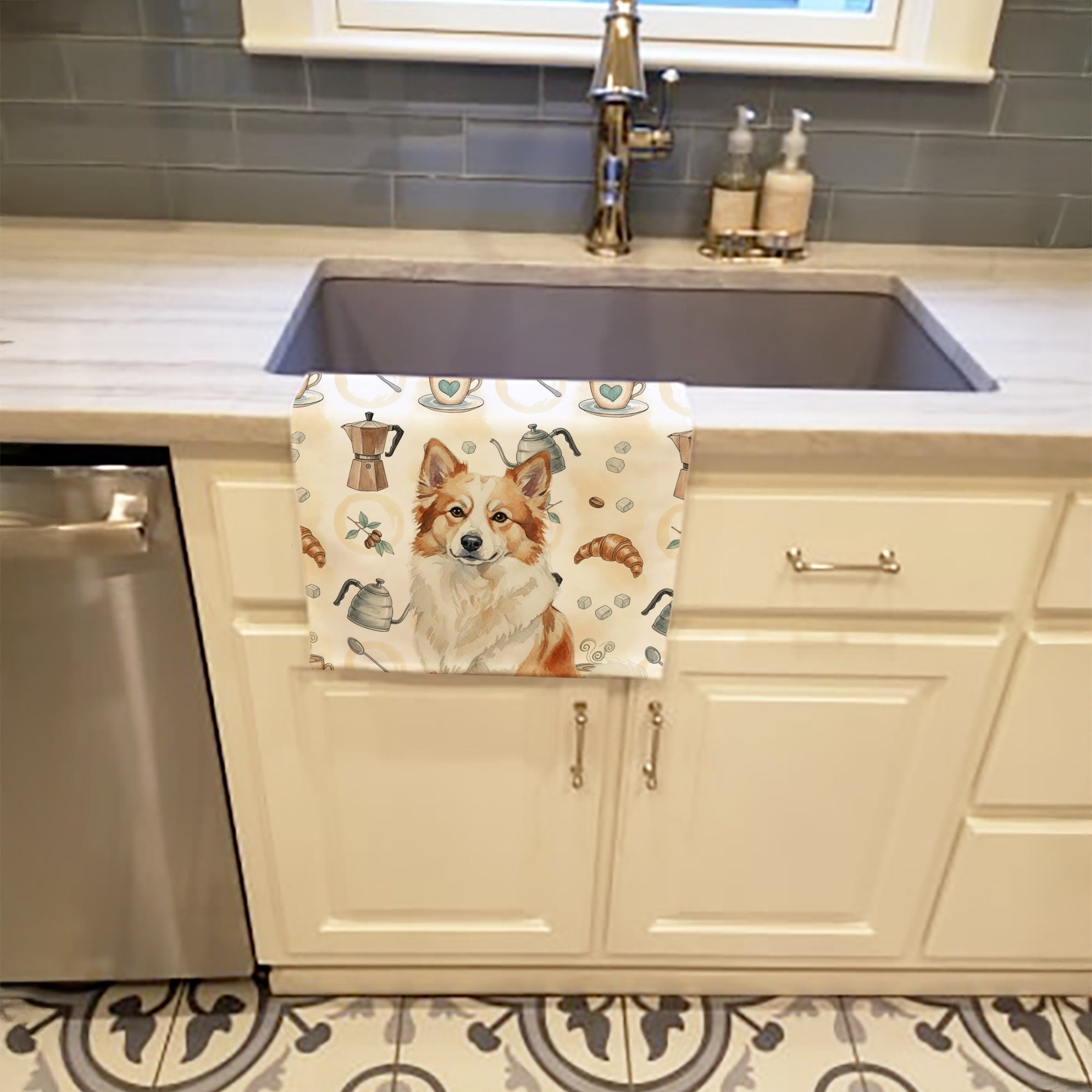 Tan Icelandic Sheepdog Coffee Bar Kitchen Towel Velour Plush Front and Cotton Loop Back Machine Washable