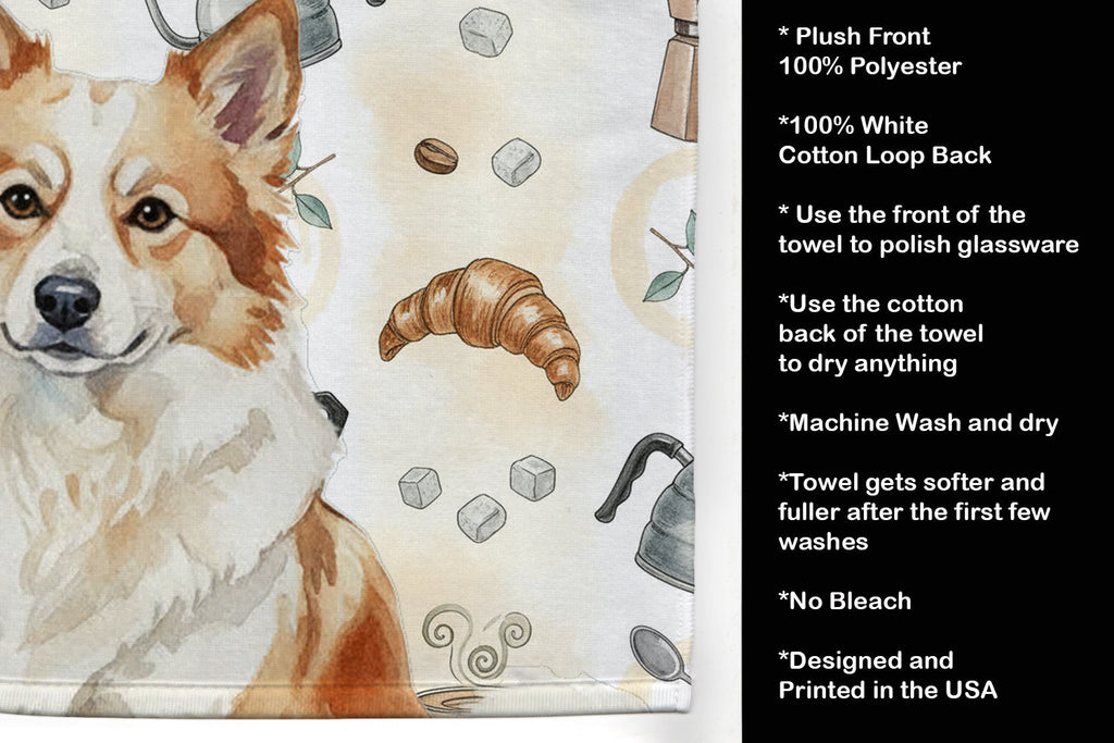 Tan Icelandic Sheepdog Coffee Bar Kitchen Towel Velour Plush Front and Cotton Loop Back Machine Washable