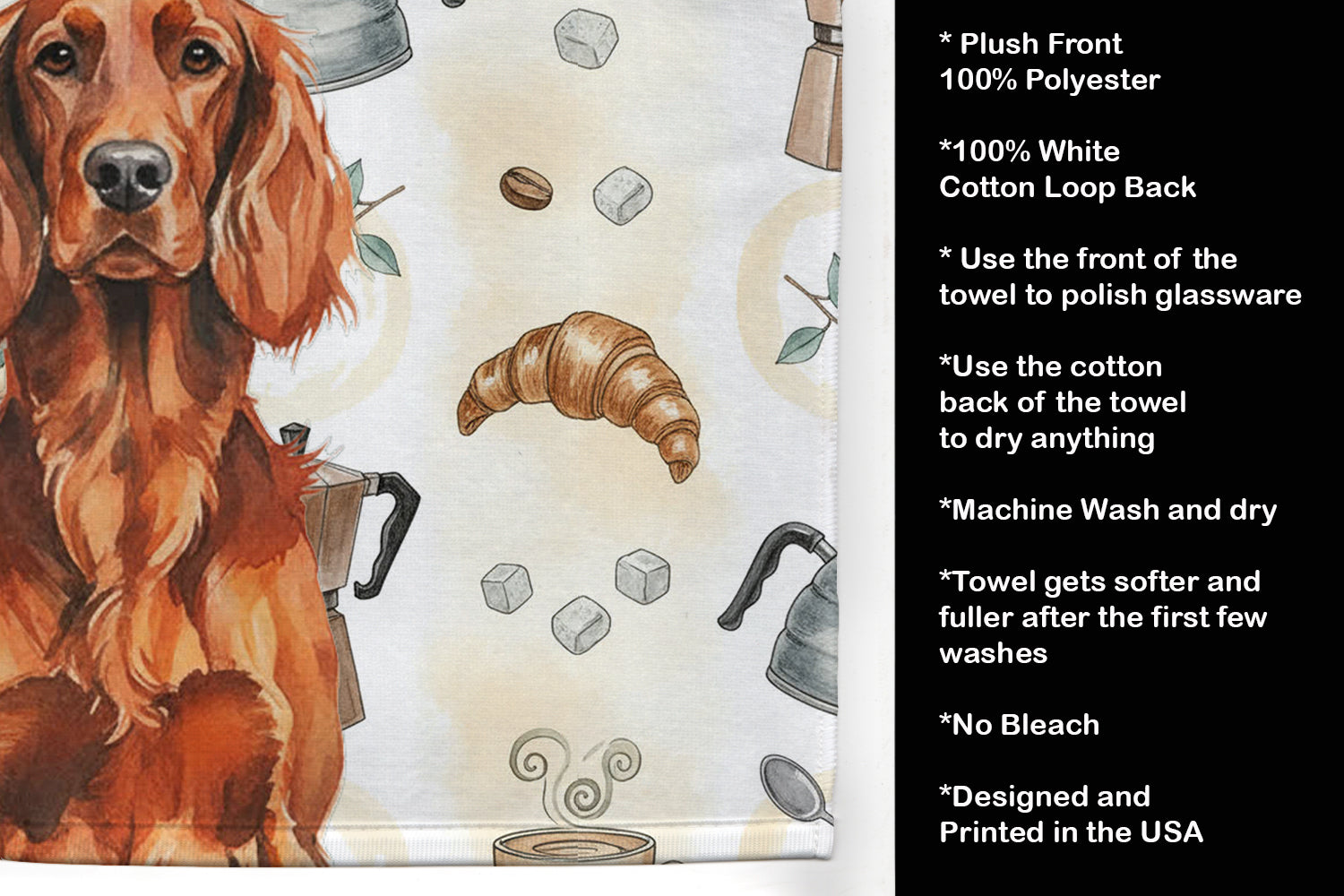 Irish Setter Coffee Bar Kitchen Towel Velour Plush Front and Cotton Loop Back Machine Washable