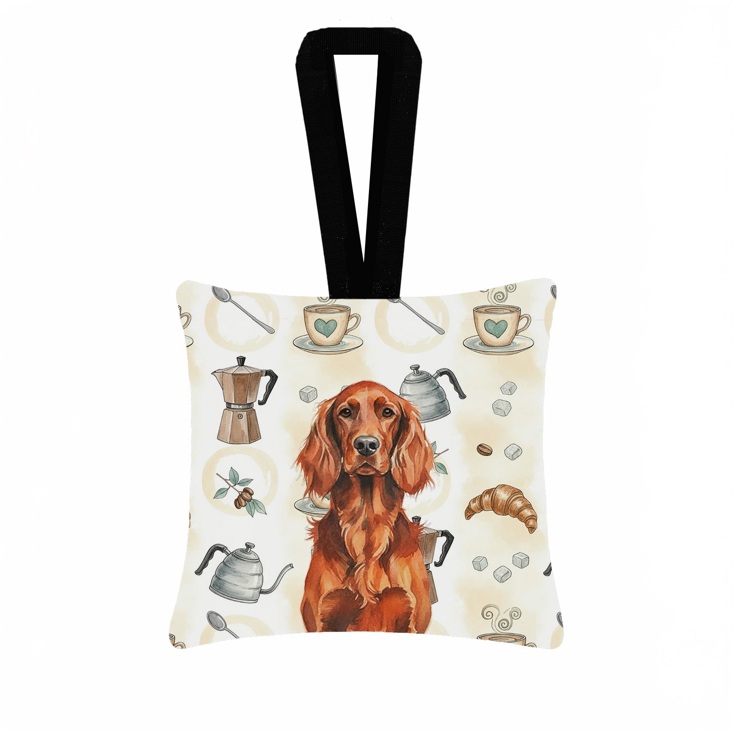 Irish Setter Coffee Bar Hanging Square Fabric Ornament 3.5 � 3.5 Decorative Door-Knob & Tree Hanger, Soft Fabric