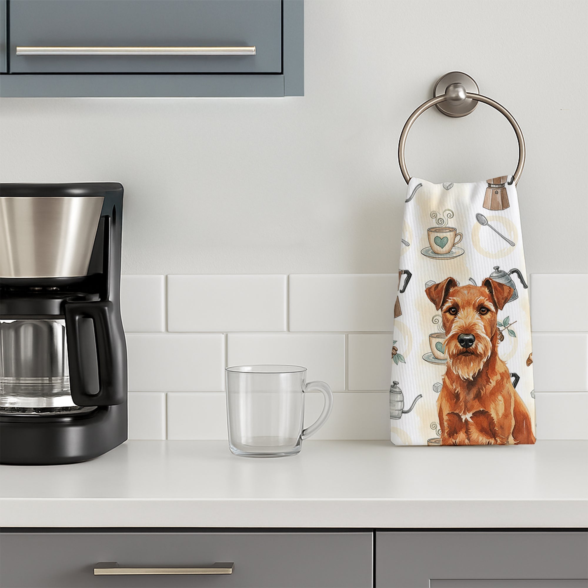 Irish Terrier Coffee Bar Kitchen Towel Velour Plush Front and Cotton Loop Back Machine Washable