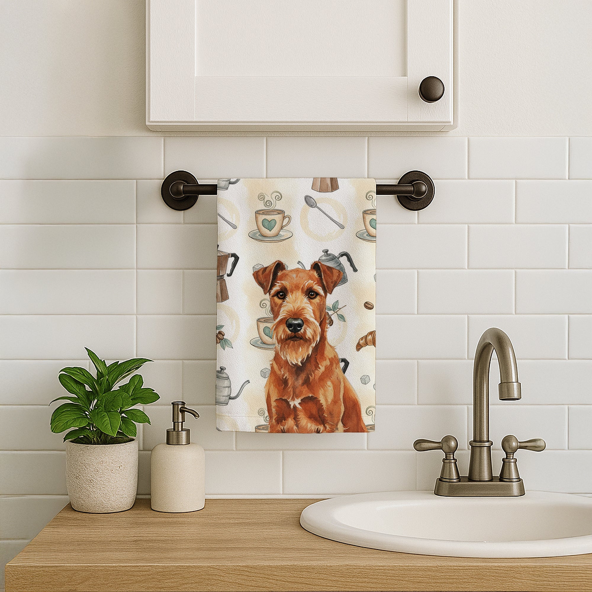 Irish Terrier Coffee Bar Kitchen Towel Velour Plush Front and Cotton Loop Back Machine Washable