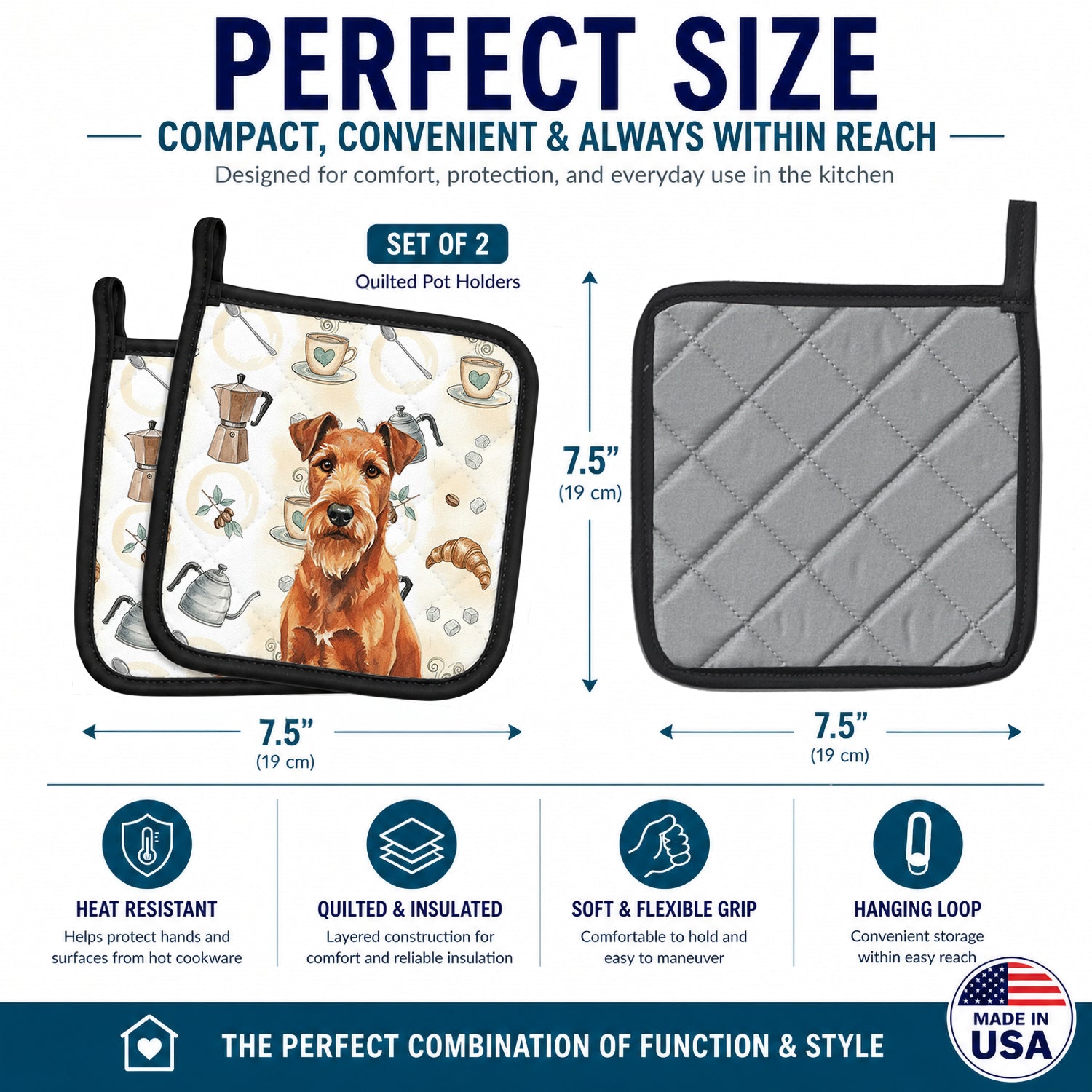 Irish Terrier Coffee Bar Pot Holder Set of 2 Heat Resistant Quilted Hot Pads 7.5 x 7.5 Inch, Insulated Kitchen Trivets for Cooking & Baking