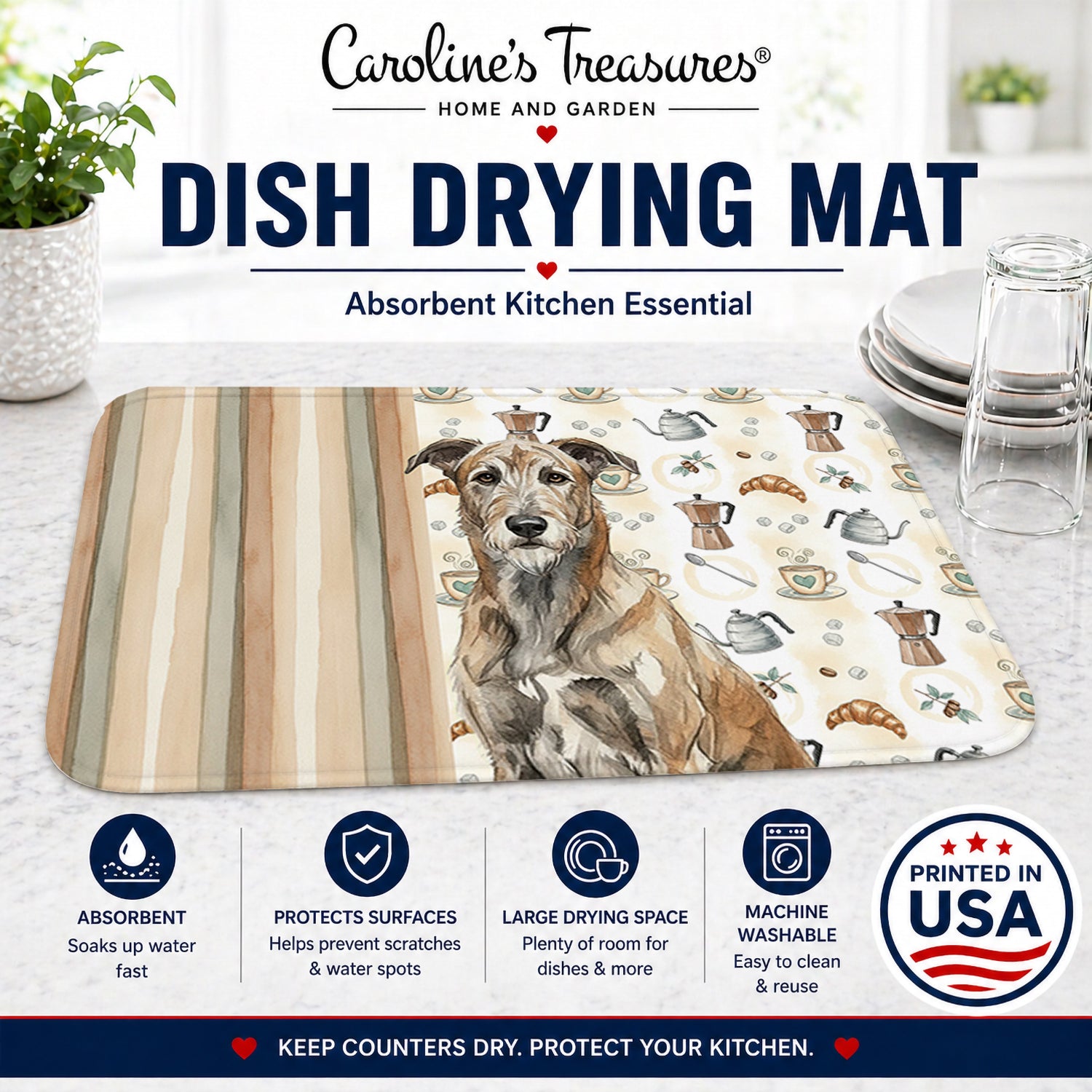 Brindle Irish Wolfhound Coffee Bar Dish Drying Mat Absorbent Dish Drying Mat Pad for Kitchen Counter Dish Drainer Mat for Countertop, 14 x 21", Multicolor