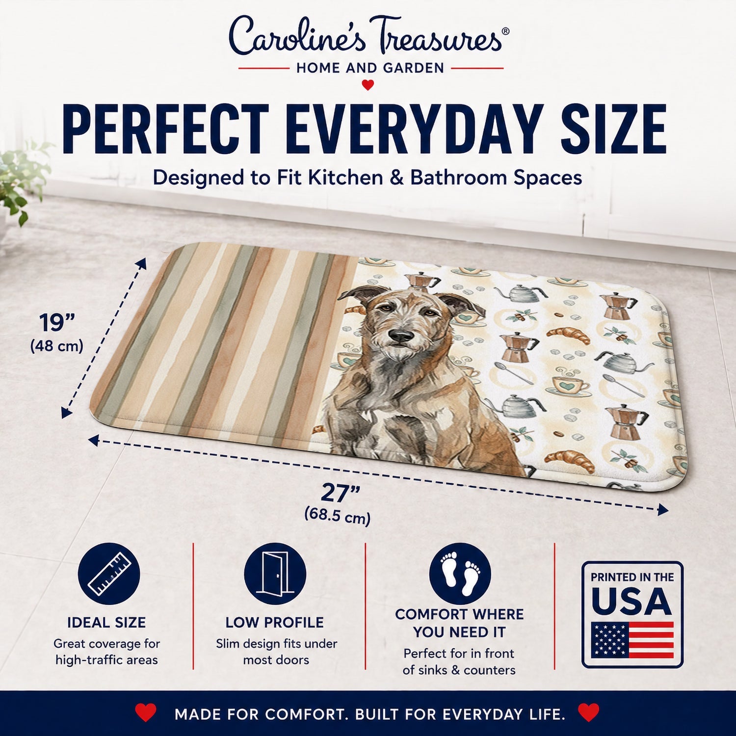 Brindle Irish Wolfhound Coffee Bar Memory Foam Kitchen Mat Machine Washable Anti-Fatigue Cushion Comfort Bath or Kitchen Rug