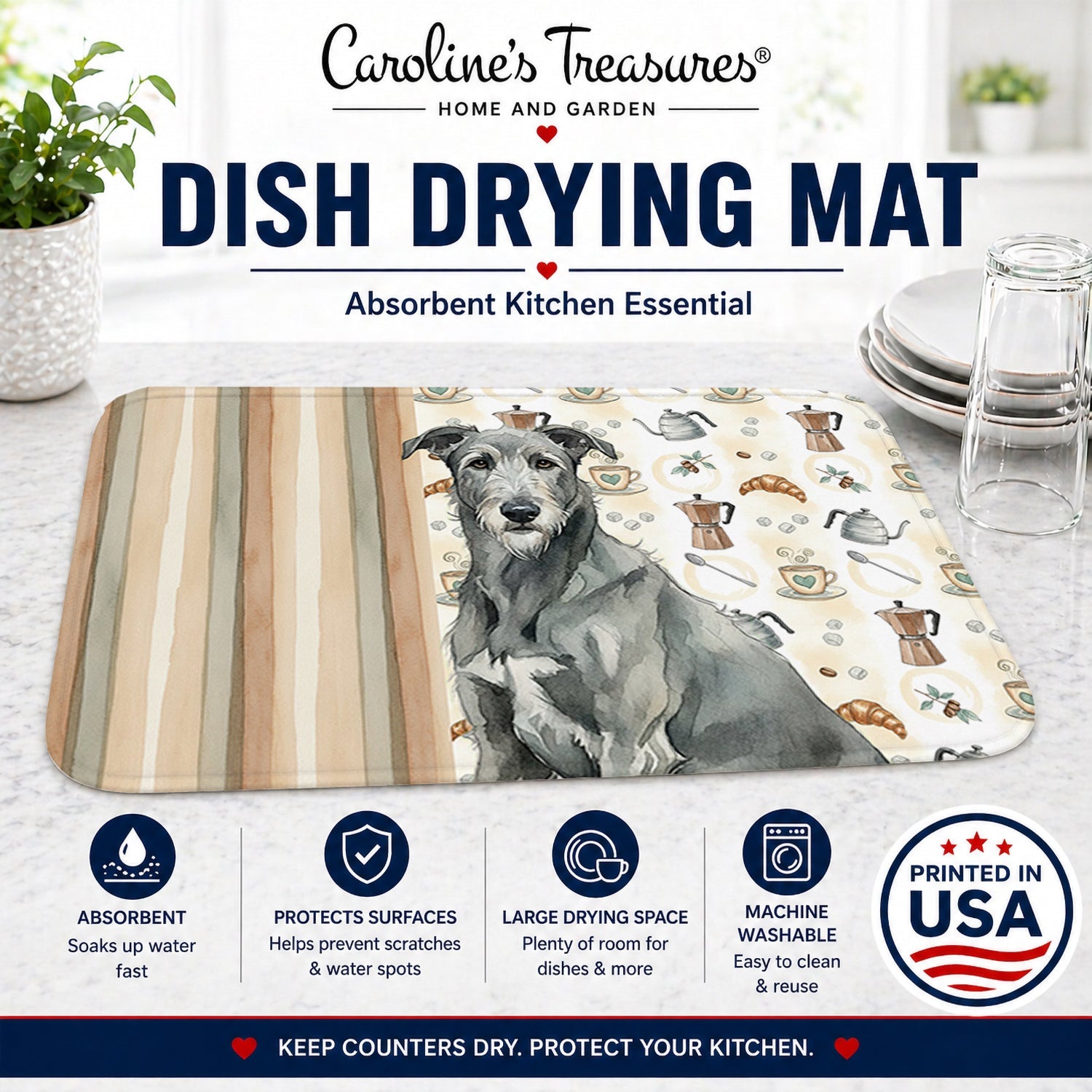 Gray Irish Wolfhound Coffee Bar Dish Drying Mat Absorbent Dish Drying Mat Pad for Kitchen Counter Dish Drainer Mat for Countertop, 14 x 21", Multicolor