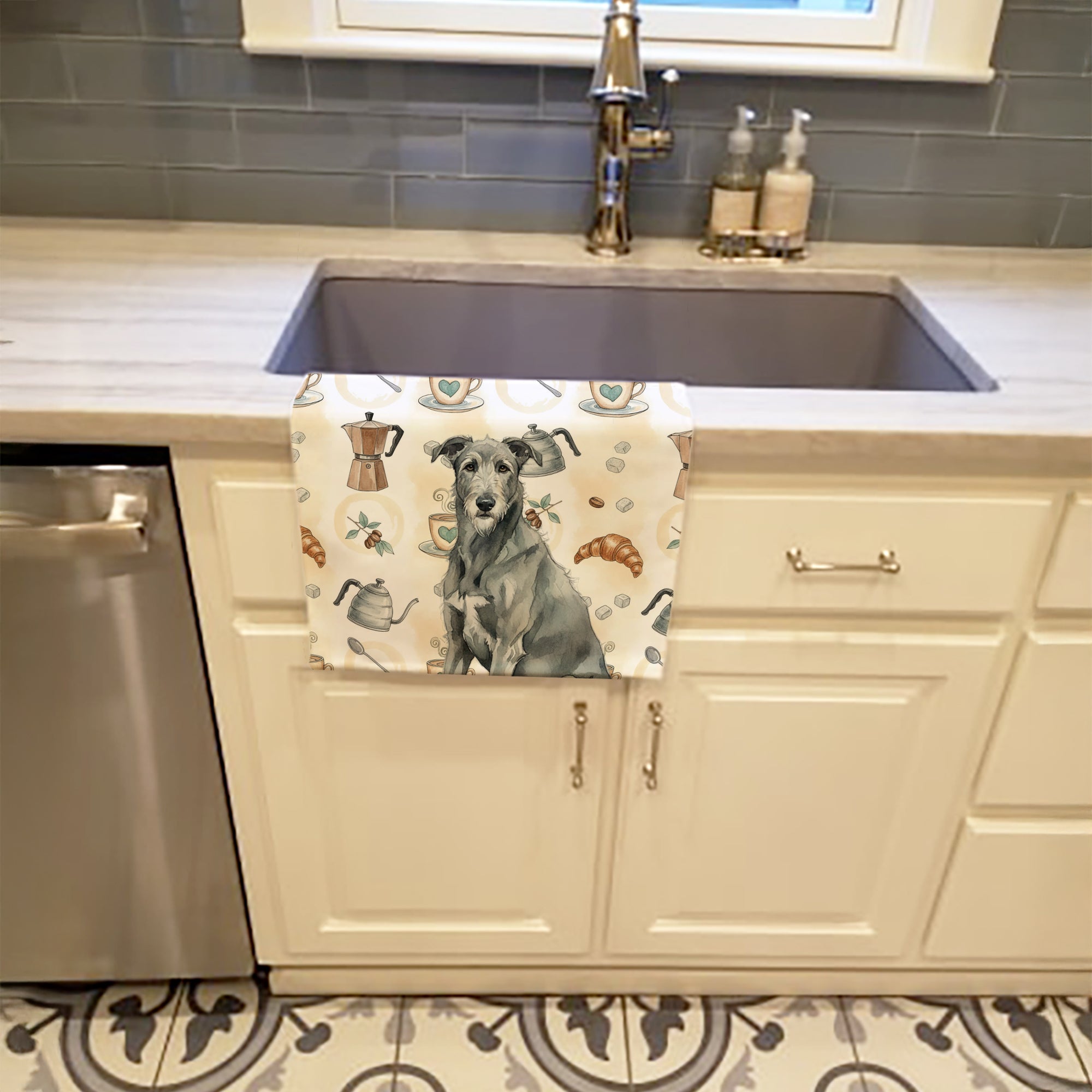 Gray Irish Wolfhound Coffee Bar Kitchen Towel Velour Plush Front and Cotton Loop Back Machine Washable