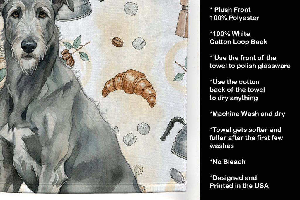 Gray Irish Wolfhound Coffee Bar Kitchen Towel Velour Plush Front and Cotton Loop Back Machine Washable