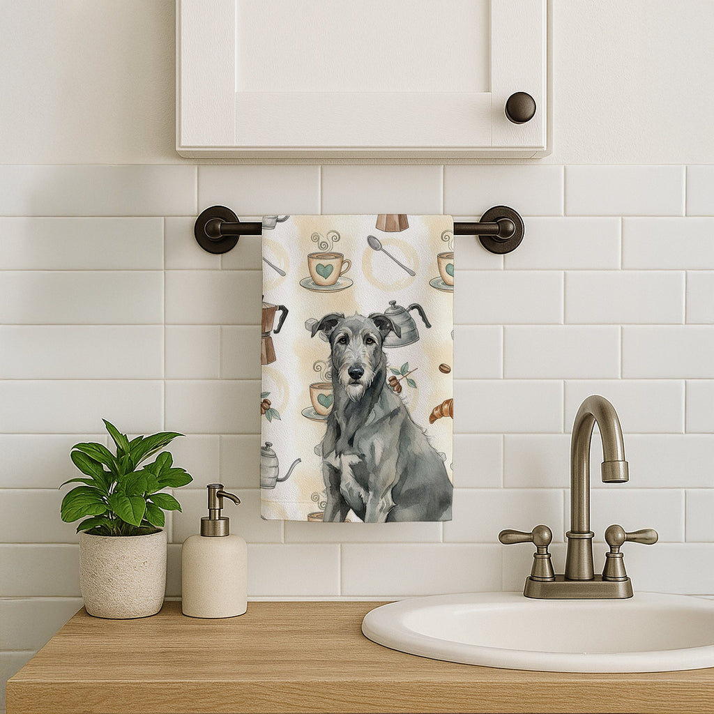 Gray Irish Wolfhound Coffee Bar Kitchen Towel Velour Plush Front and Cotton Loop Back Machine Washable