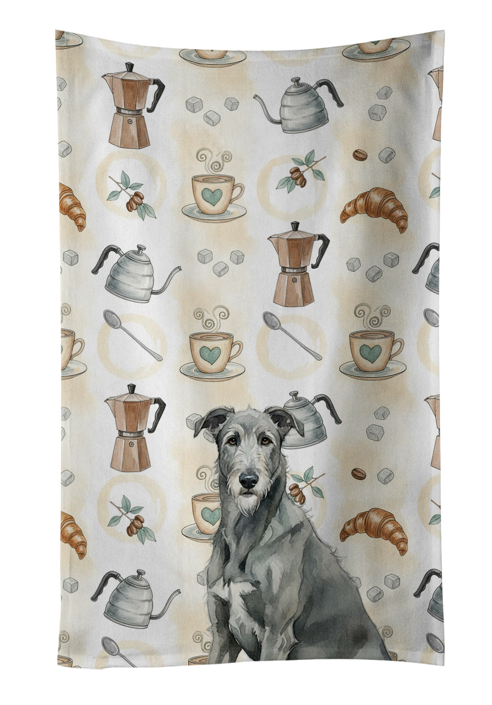 Gray Irish Wolfhound Coffee Bar Kitchen Towel Velour Plush Front and Cotton Loop Back Machine Washable