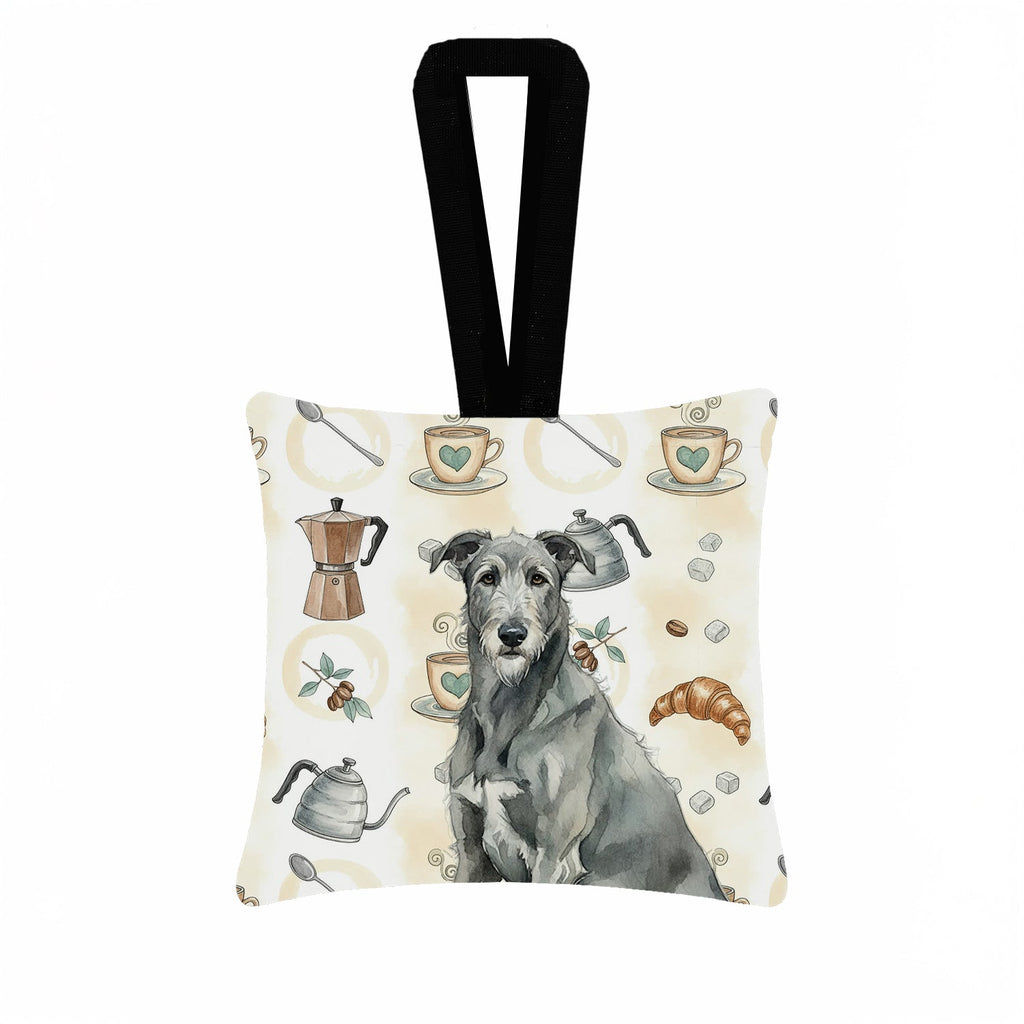 Gray Irish Wolfhound Coffee Bar Hanging Square Fabric Ornament 3.5 � 3.5 Decorative Door-Knob & Tree Hanger, Soft Fabric