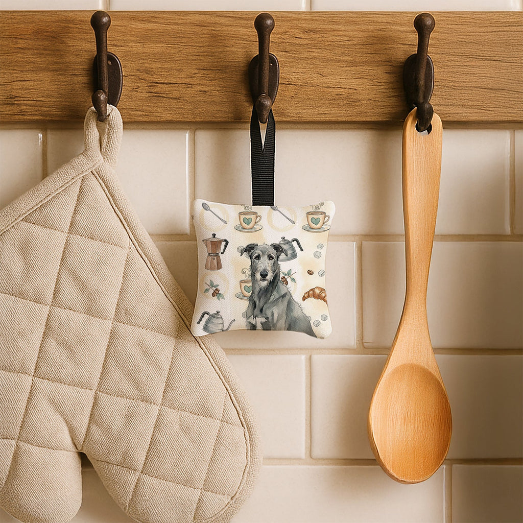 Gray Irish Wolfhound Coffee Bar Hanging Square Fabric Ornament 3.5 � 3.5 Decorative Door-Knob & Tree Hanger, Soft Fabric