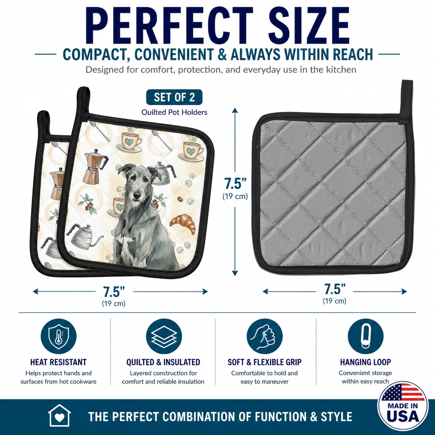 Gray Irish Wolfhound Coffee Bar Pot Holder Set of 2 Heat Resistant Quilted Hot Pads 7.5 x 7.5 Inch, Insulated Kitchen Trivets for Cooking & Baking